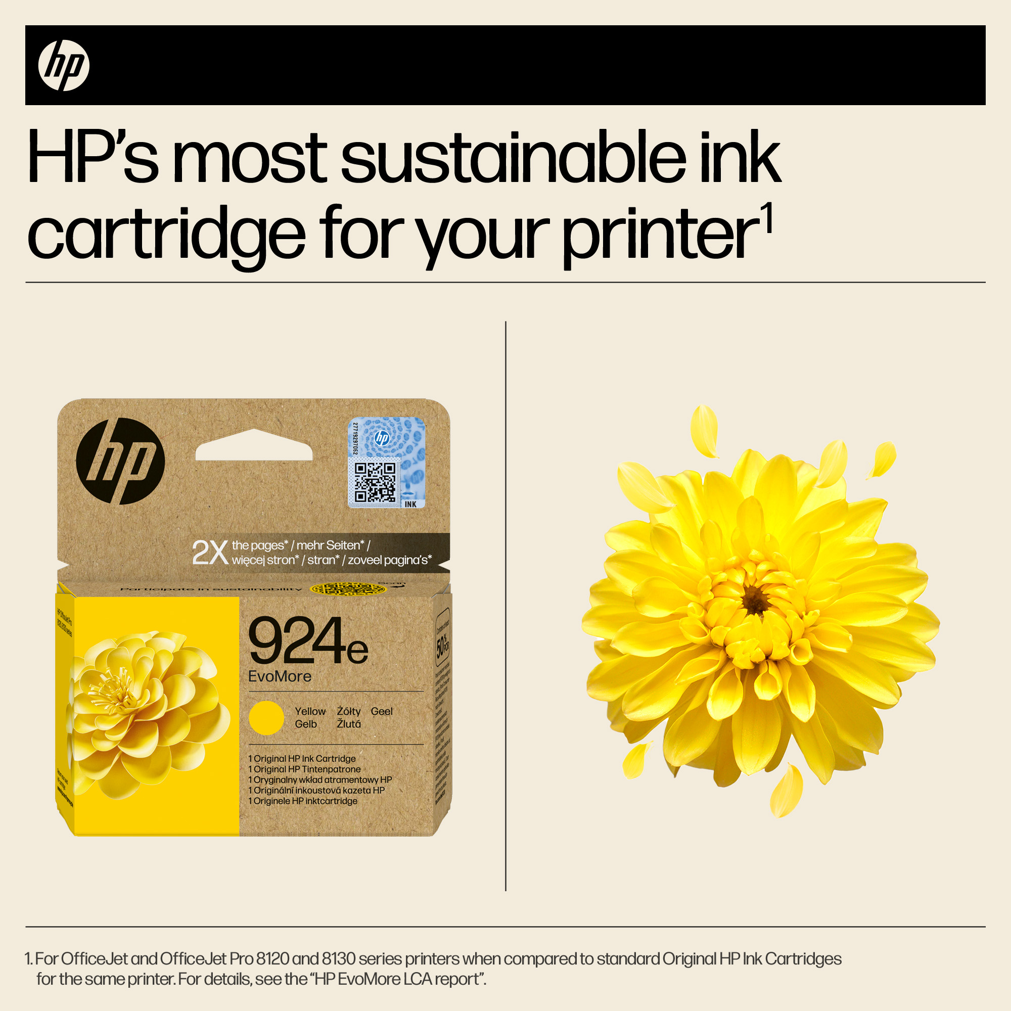 HP Tinte Patrone 924e neben einer gelben Blume mit fallenden Blütenblättern.
