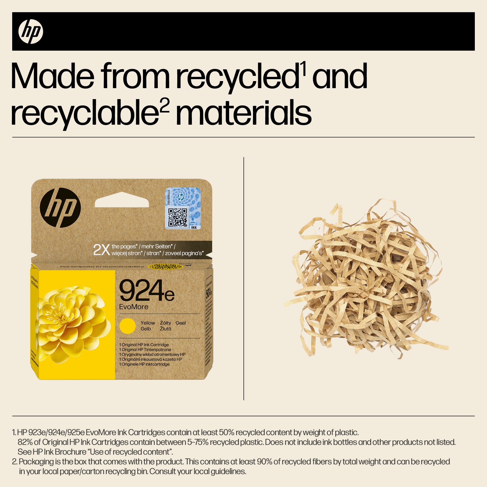 HP 924e EvoMore gelbe Tintenpatrone in recycelter Verpackung neben geschreddertem Papier auf beigem Hintergrund.