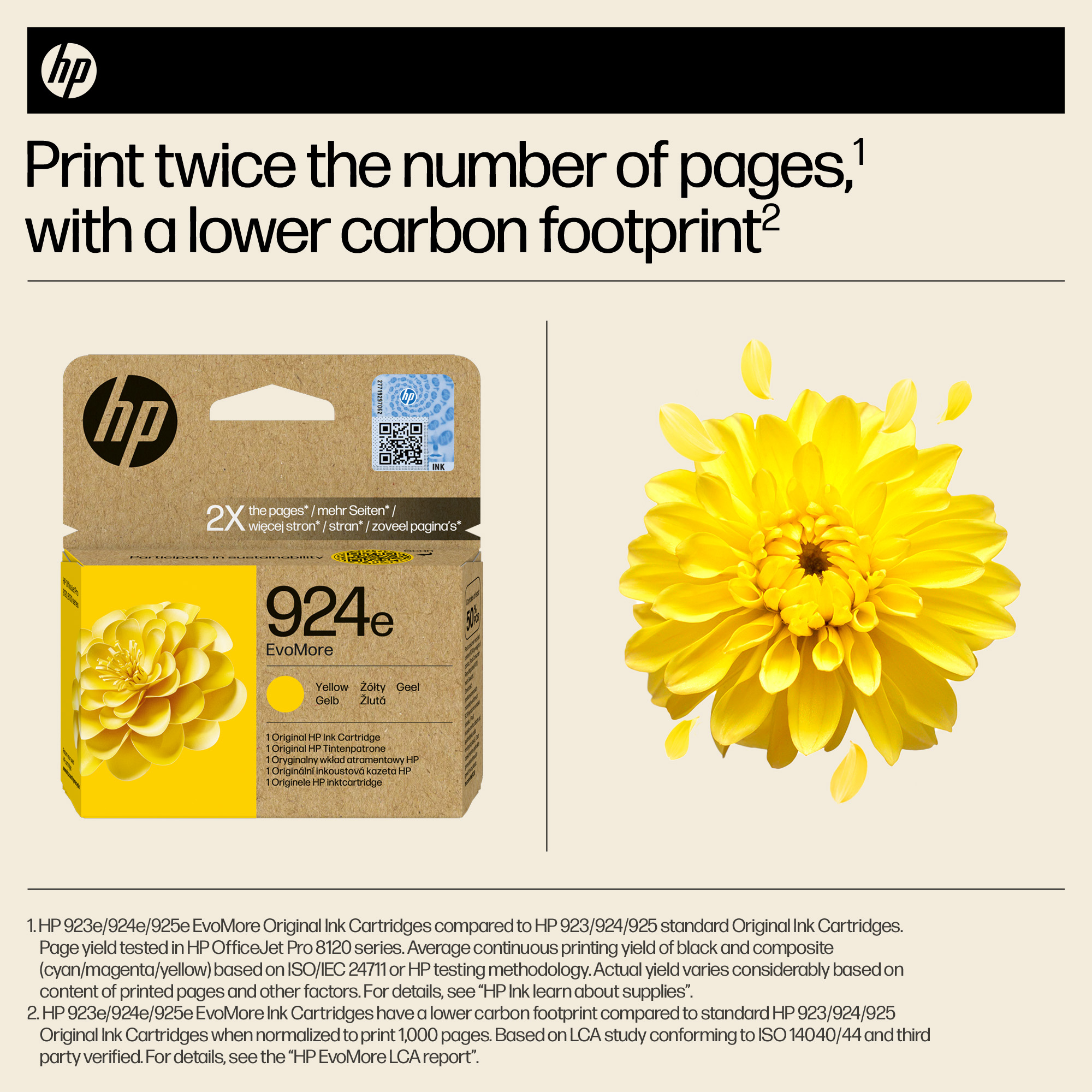 HP Druckerpatrone 924e EvoMore Gelb mit gelber Blüte und Blütenblättern.