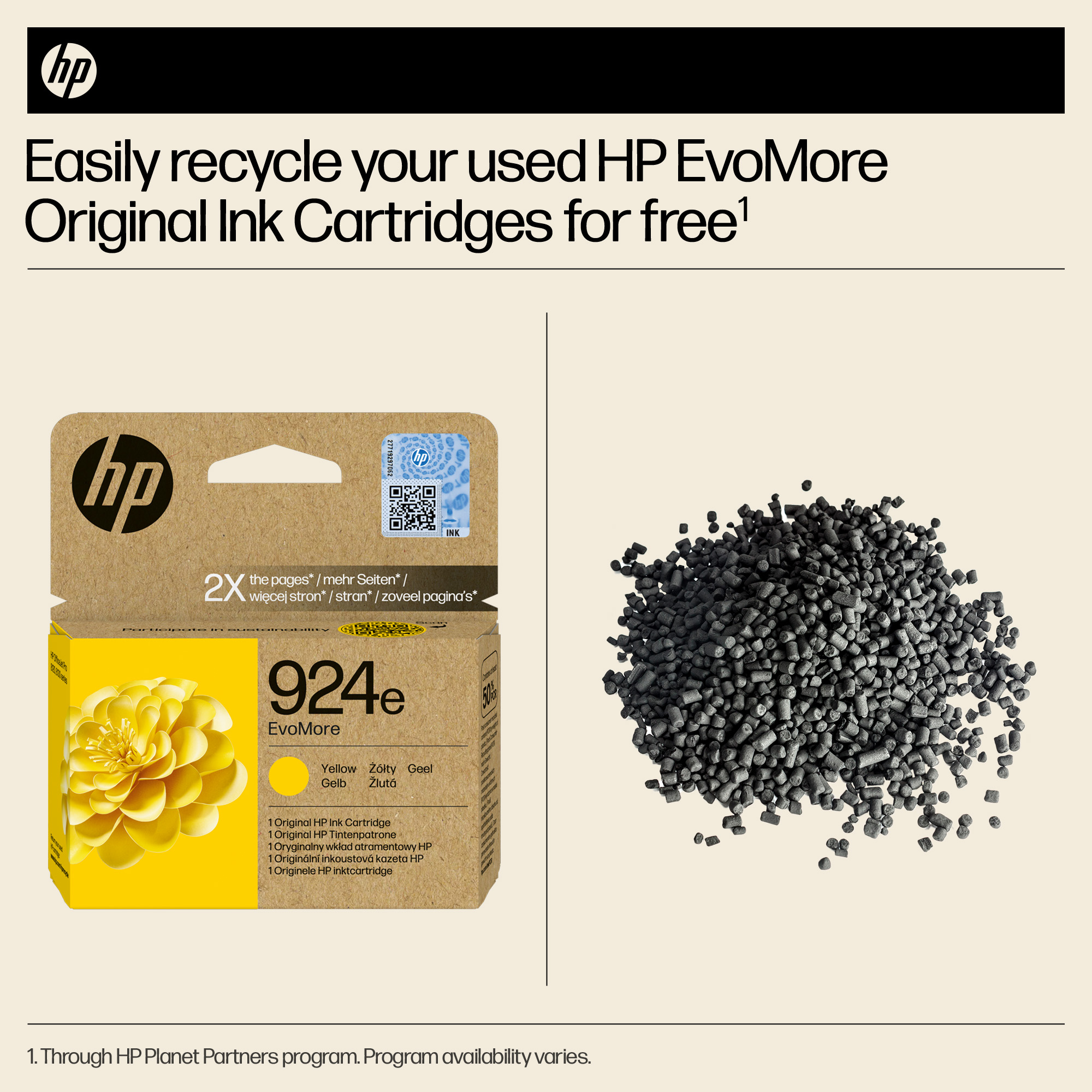HP Tintenpatrone 924e EvoMore gelb und schwarze Granulat-Recyclingmaterial.