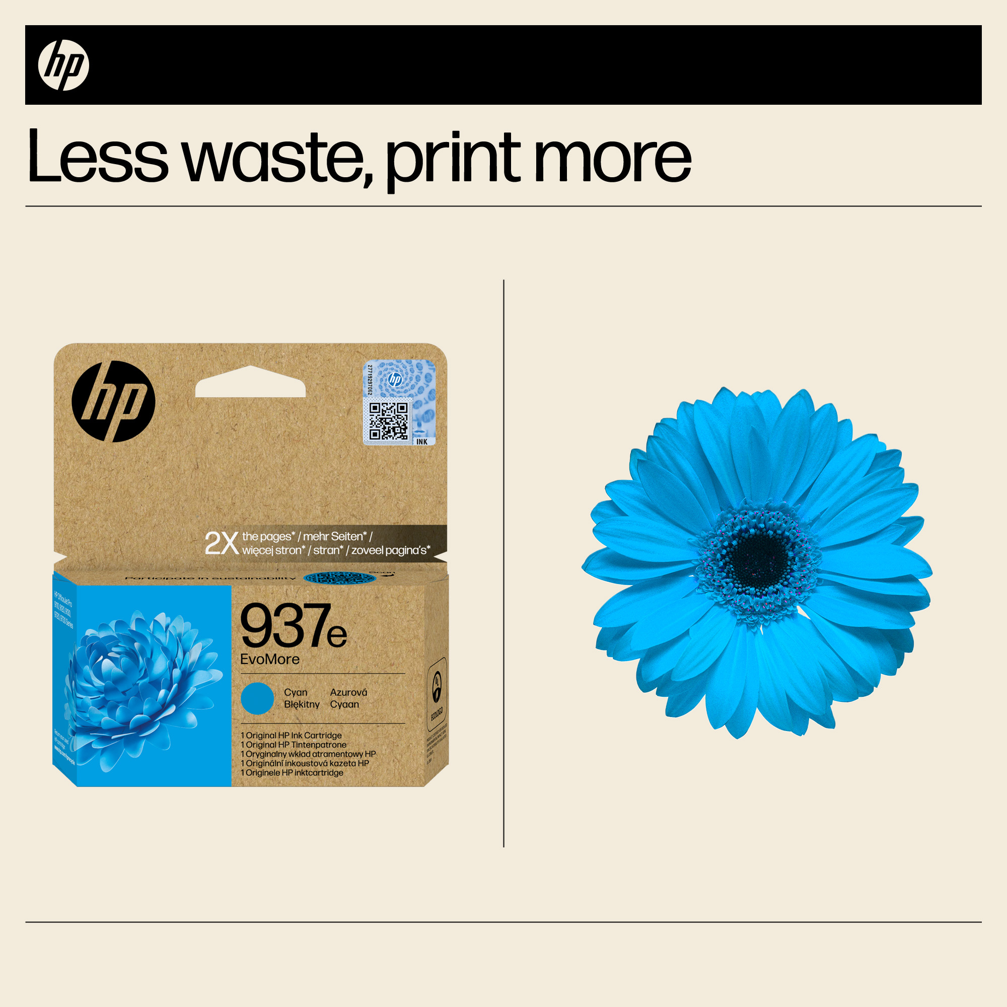 HP-Druckerpatrone 937e EvoMore Cyan neben einer blauen Blume.