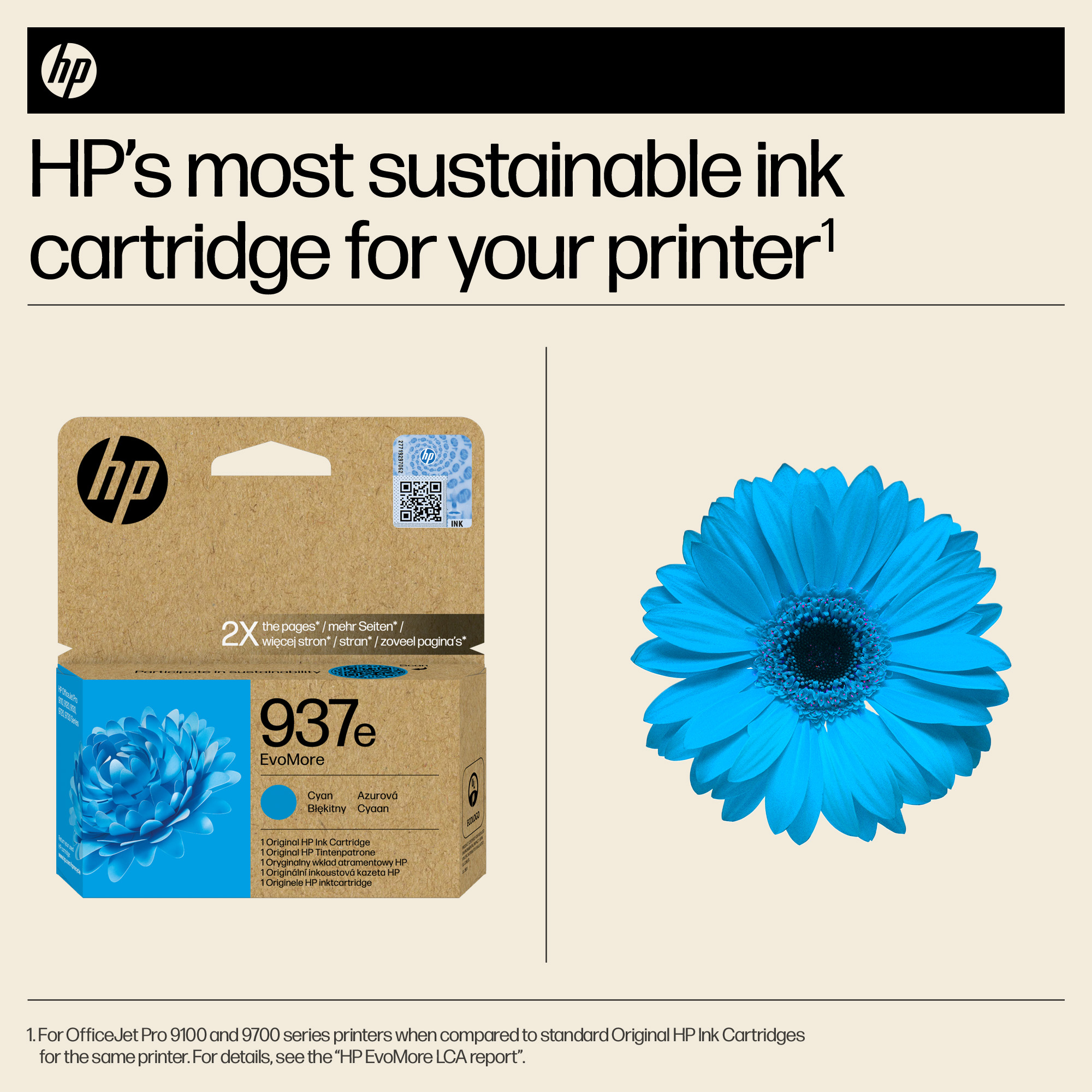 HP 937e Cyan Tinte, mit einem blauen Gerbera-Motiv und Text über Nachhaltigkeit.