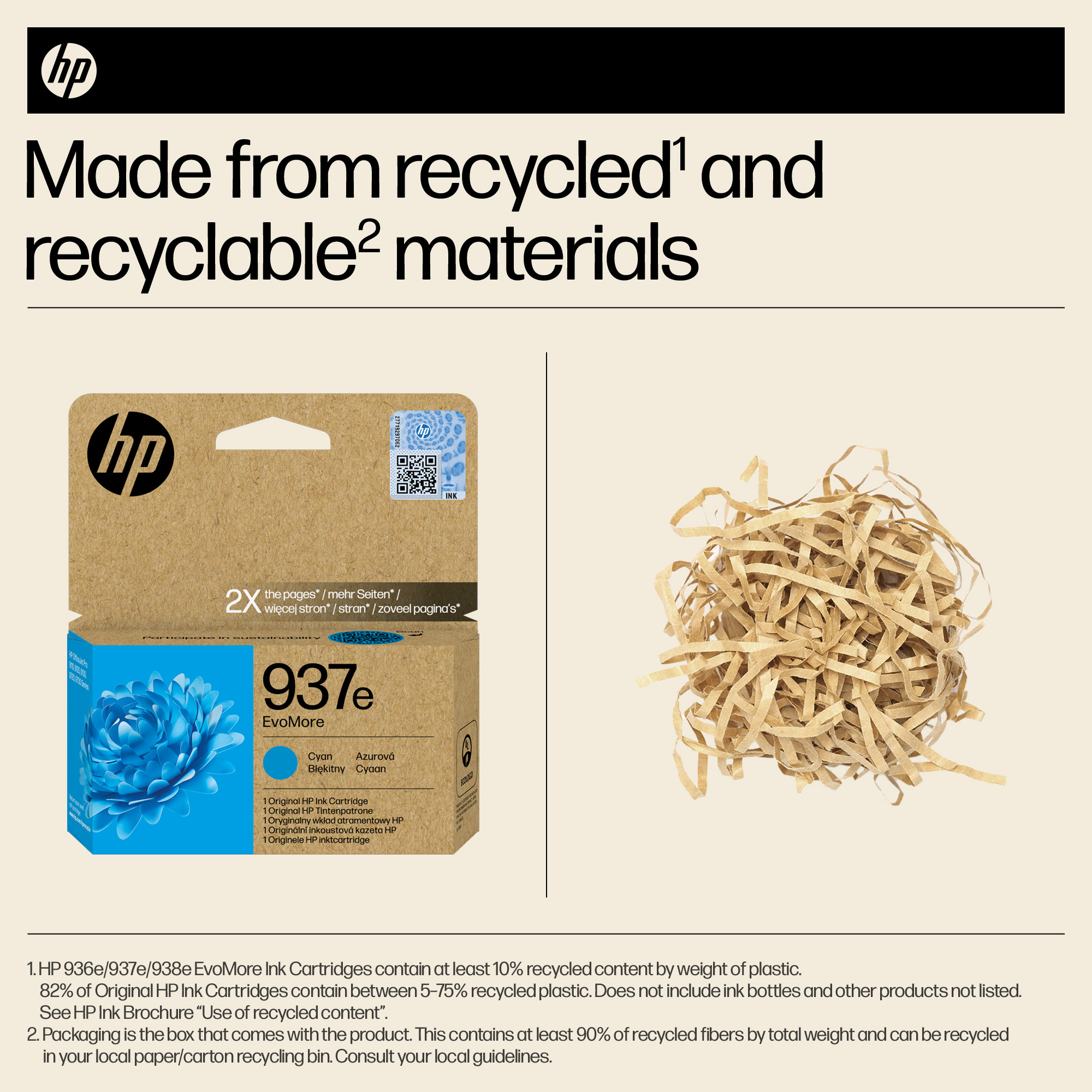 HP 937e Tintenpatrone in Pappverpackung neben Recyclingpapier.