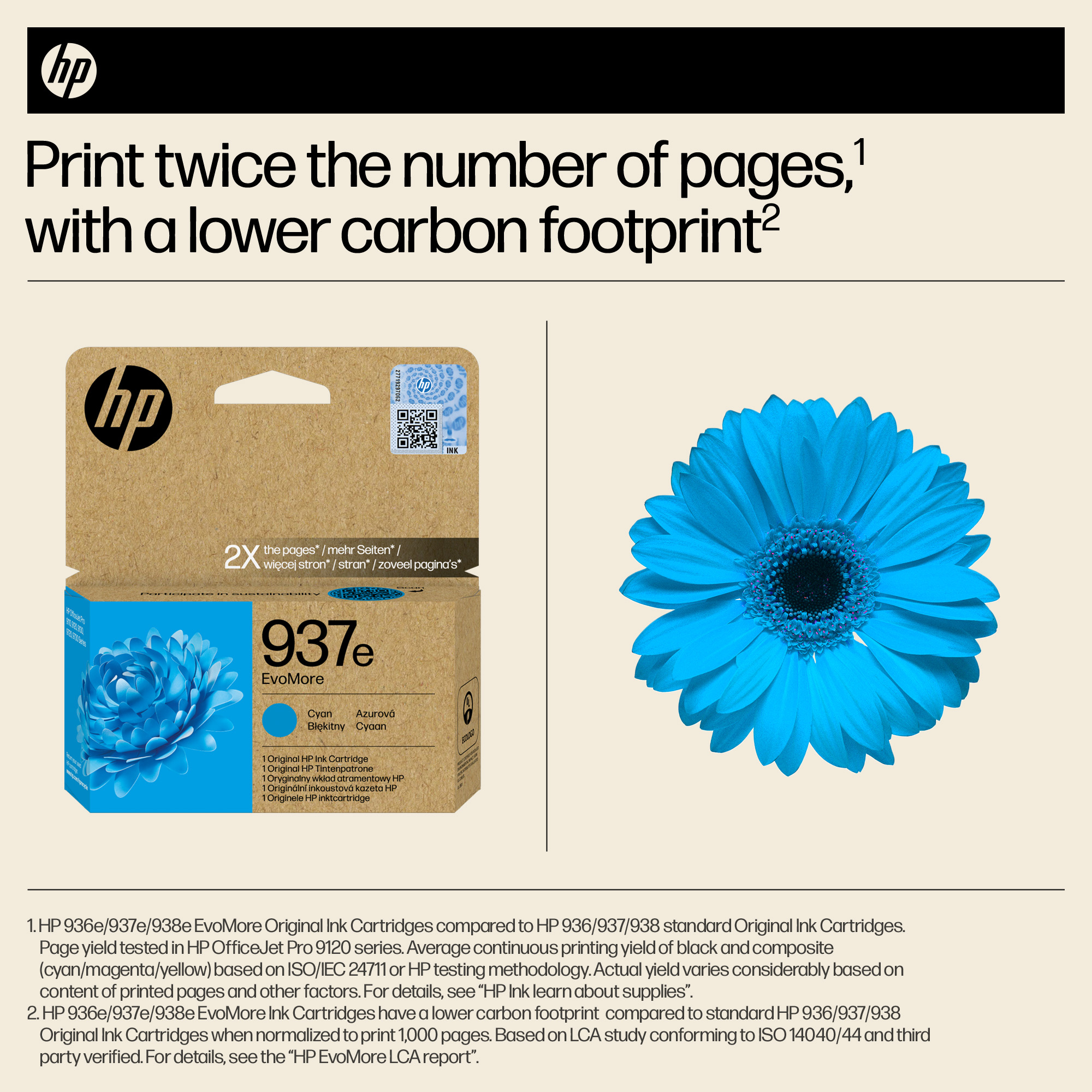 HP-Druckerpatrone mit einer blauen Blume und Text über Seiten und CO2-Fußabdruck.