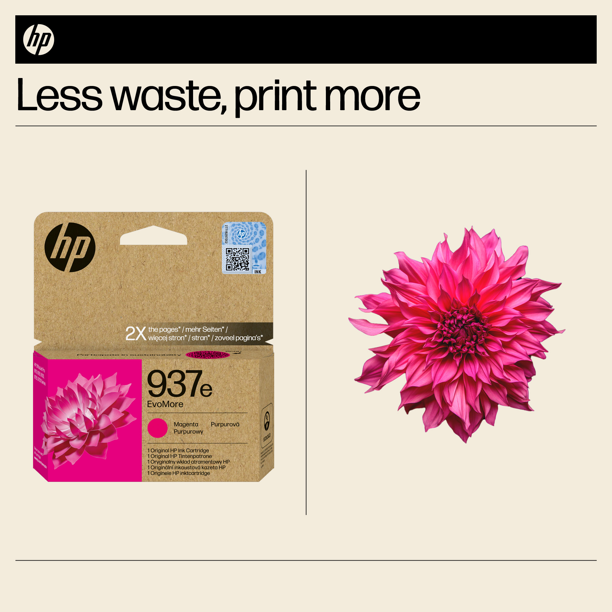 HP-Druckerpatrone mit Magenta-Tinte und einer pinken Blume daneben.