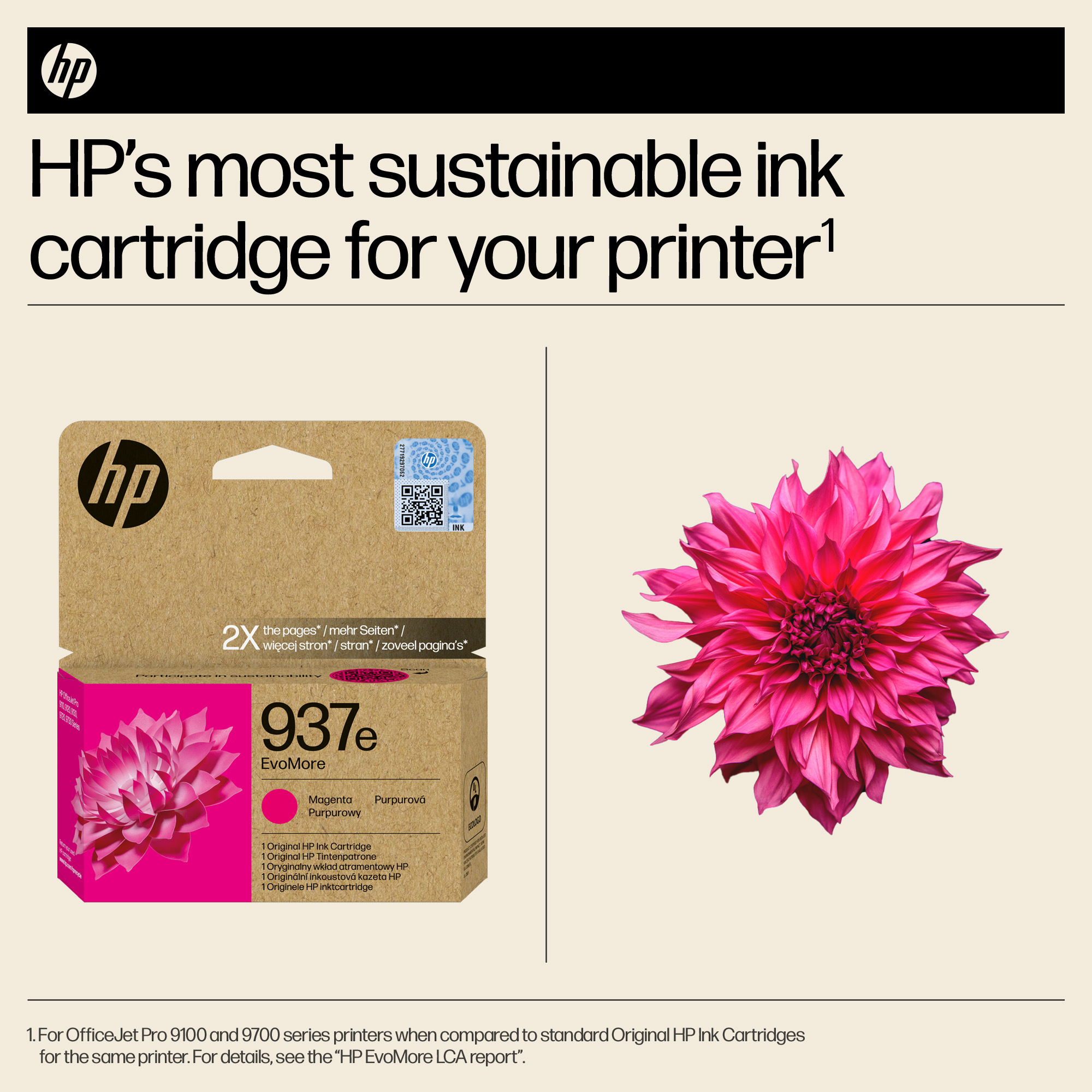 HP-Tintenpatrone 937e EvoMore in Magenta, daneben eine pinke Blüte.