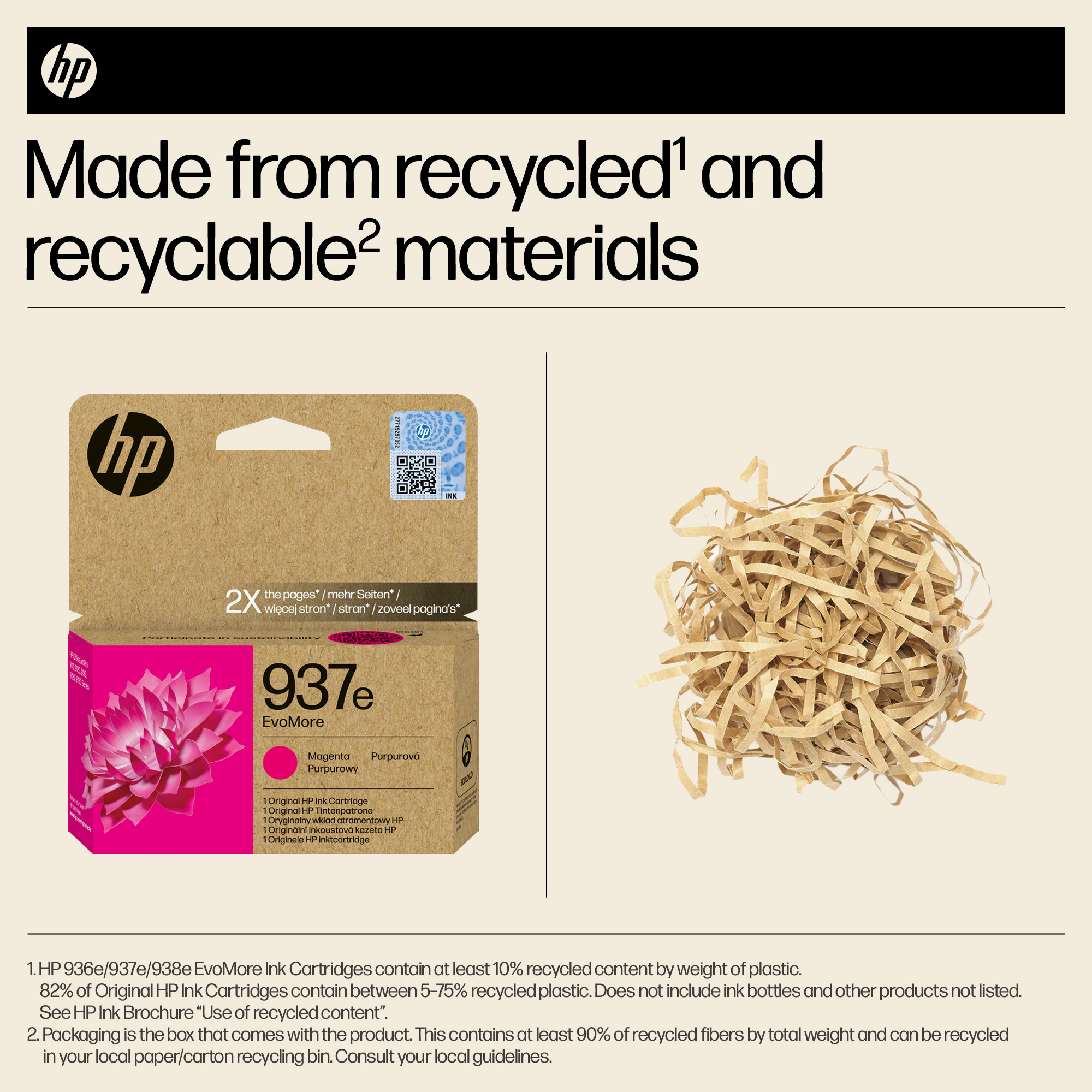 HP-Verpackung mit magenta Tinte und einer Kugel aus zerknülltem Papier daneben.