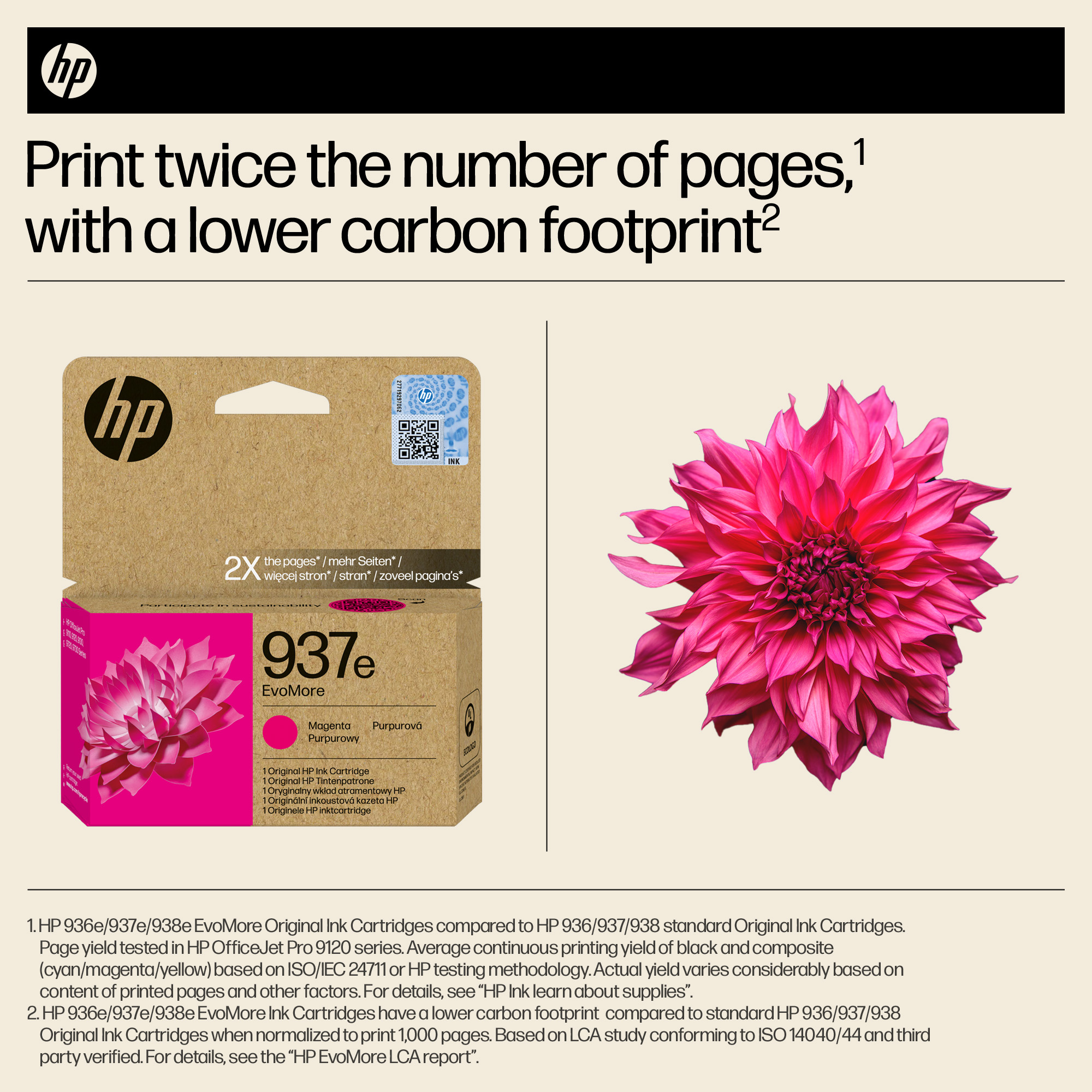 HP Tinte: eine Packung mit einer rosa Blume und Text, die mehr Seiten druckt.