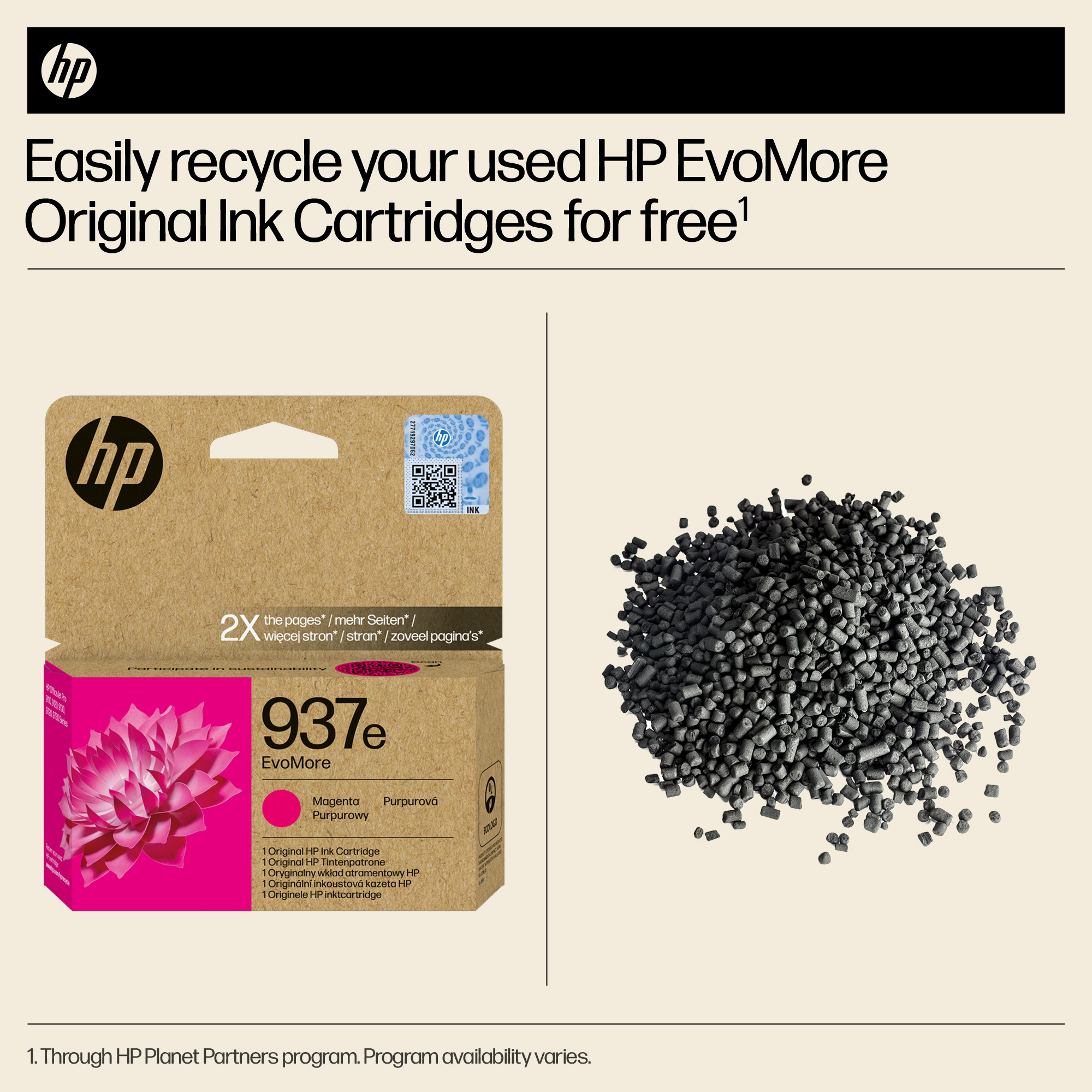 HP-Druckerpatrone und Granulat. Links: Magenta HP 937e EvoMore Tintenpatrone in Verpackung.