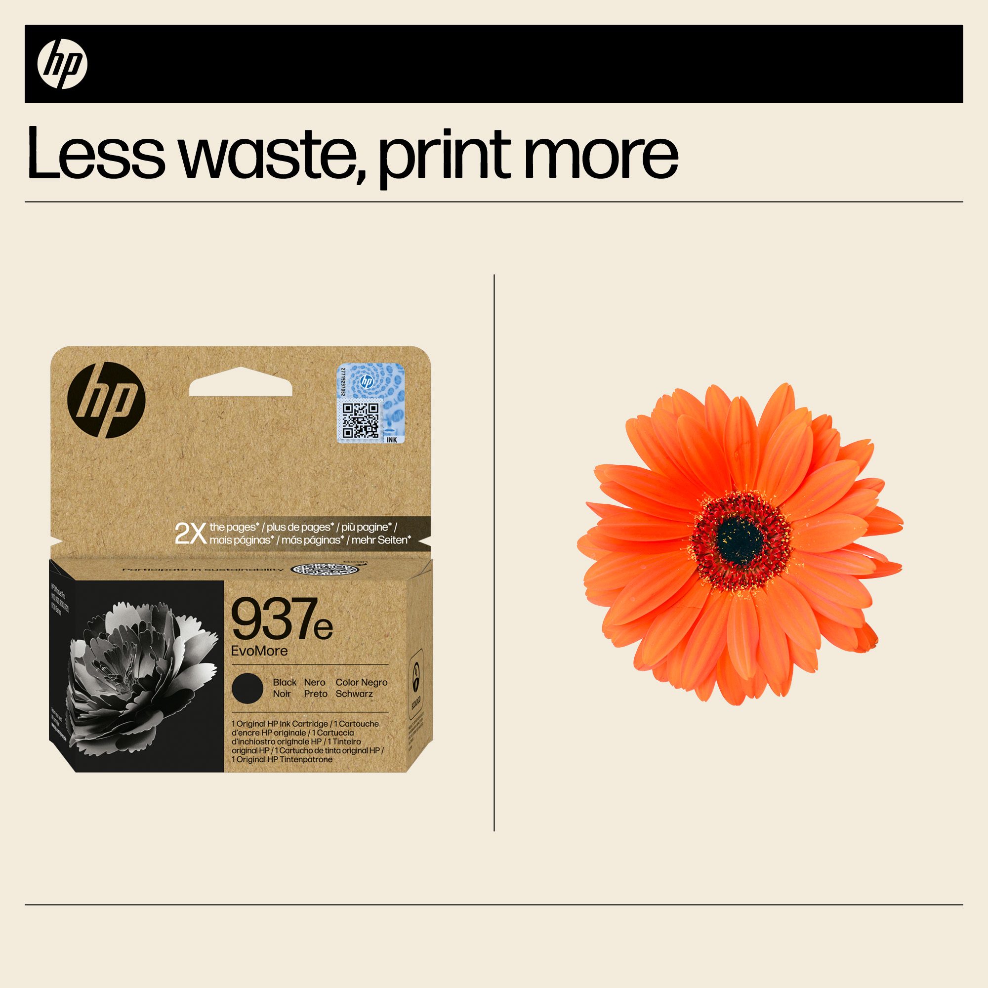 HP-Druckerpatrone 937e EvoMore, schwarz, mit einer orangefarbenen Gerbera.