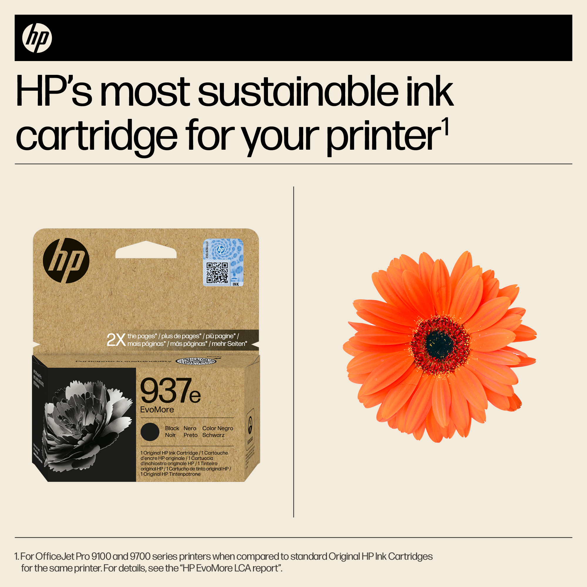 HP Tinte Kartusche 937e neben einer orangefarbenen Gerbera Blume.
