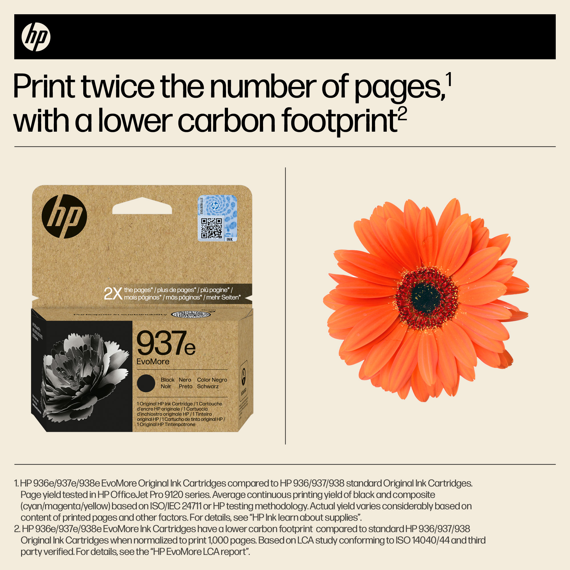 HP-Druckerpatrone 937e EvoMore neben einer orangefarbenen Blume.