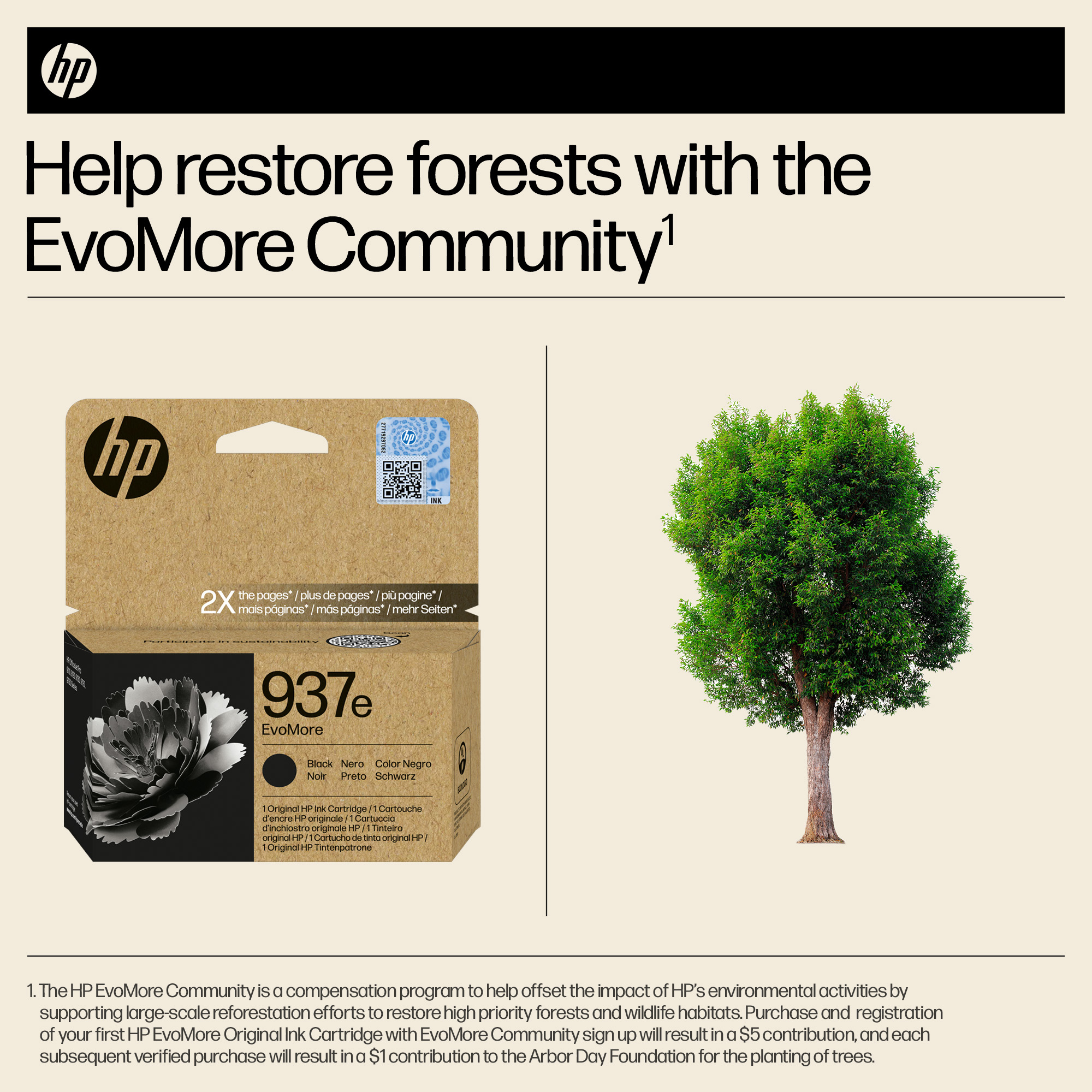 HP-Druckerpatrone neben einem grünen Baum mit dem Text 'Help restore forests'.