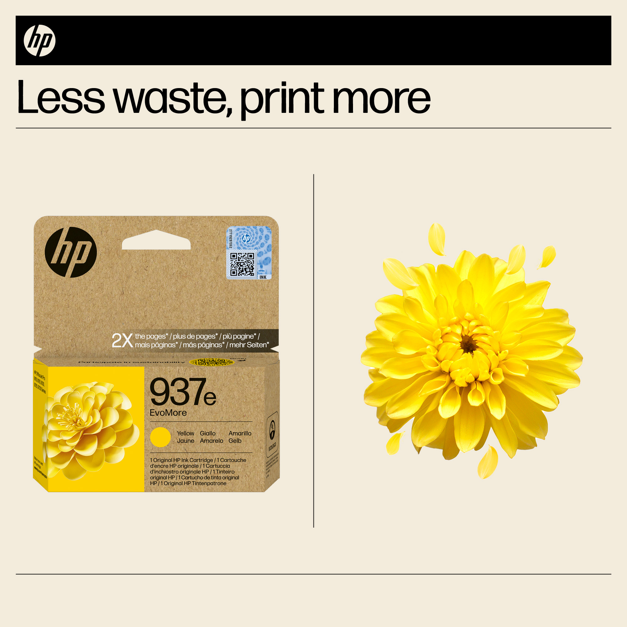 HP-Tintenpatrone 937e gelb neben einer gelben Blüte. Text: Weniger Abfall, mehr drucken.