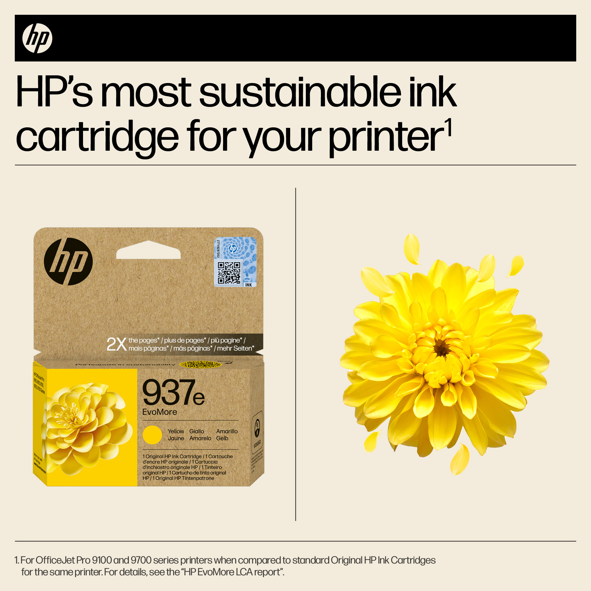 HP 937e gelbe Tintenpatrone mit gelber Blume und Blättern. Text über Nachhaltigkeit.