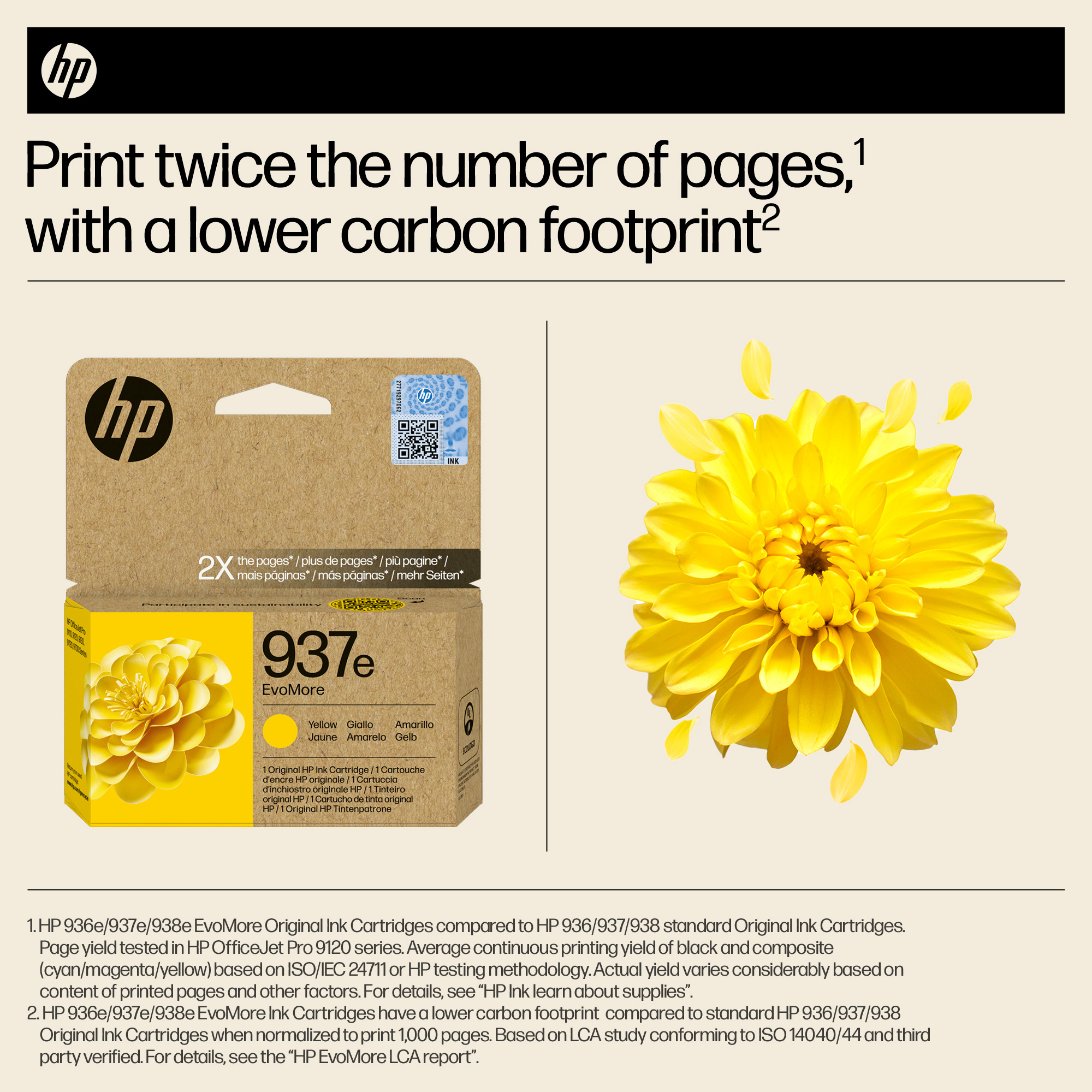 HP-Druckerpatrone 937e EvoMore mit gelber Blüte und Text.