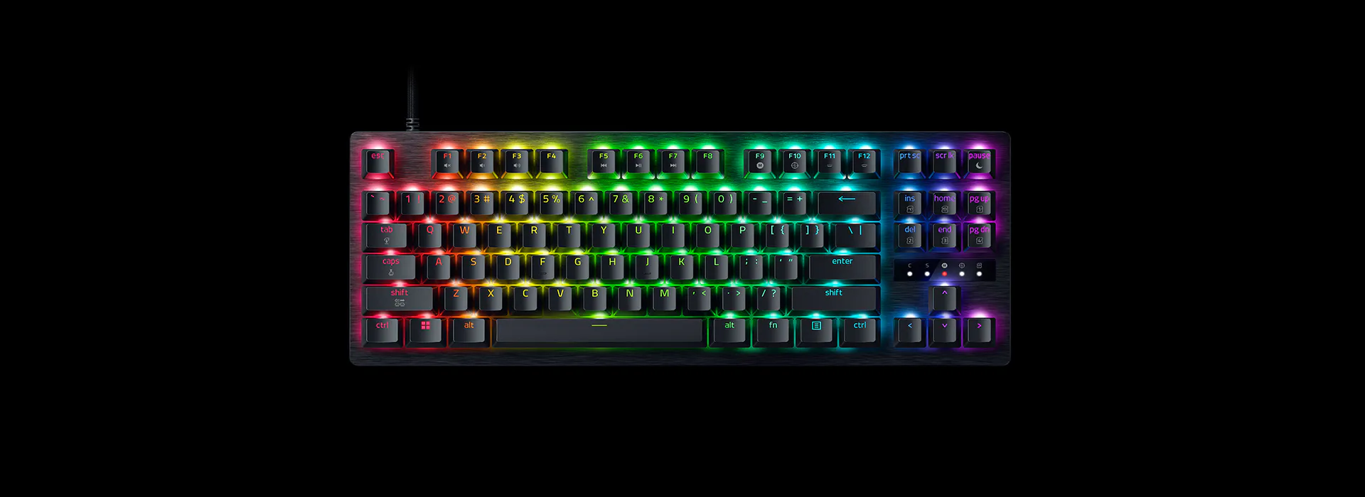 Una tastiera meccanica nera con illuminazione RGB. I tasti mostrano lettere e numeri.