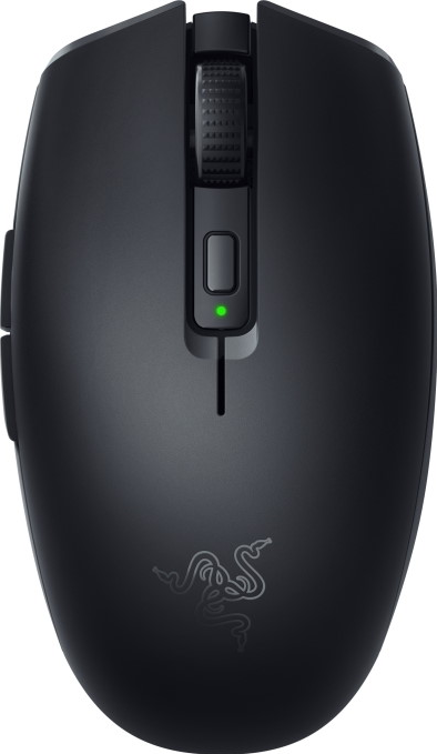 Schwarze kabellose Gaming-Maus mit Scrollrad, DPI-Taste und Razer-Logo.