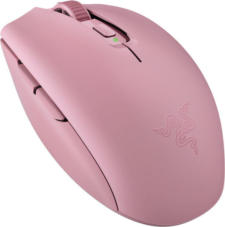 Eine rosa kabellose Gaming-Maus mit geriffeltem Scrollrad und Seitentasten.