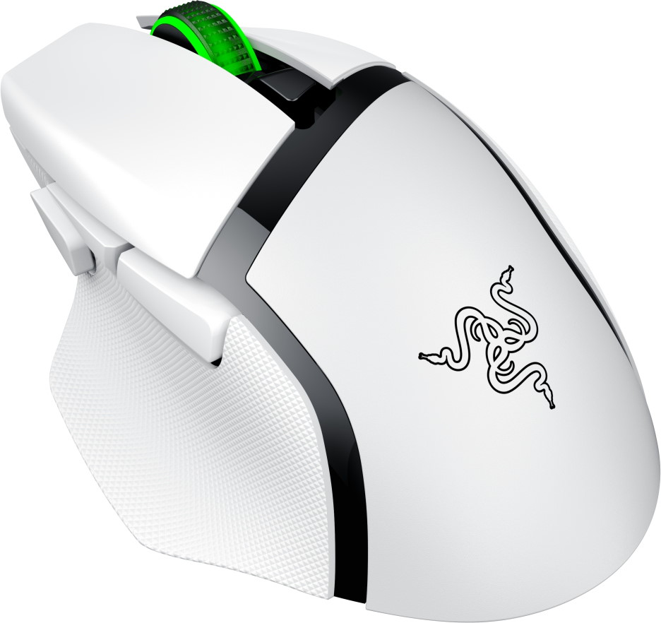 Eine weiße Gaming-Maus mit Razer-Logo und grünem Mausrad.