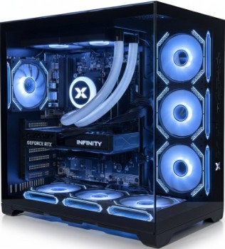 Ein leistungsstarker PC mit blauer LED-Beleuchtung, sichtbaren Komponenten und Wasserkühlung.