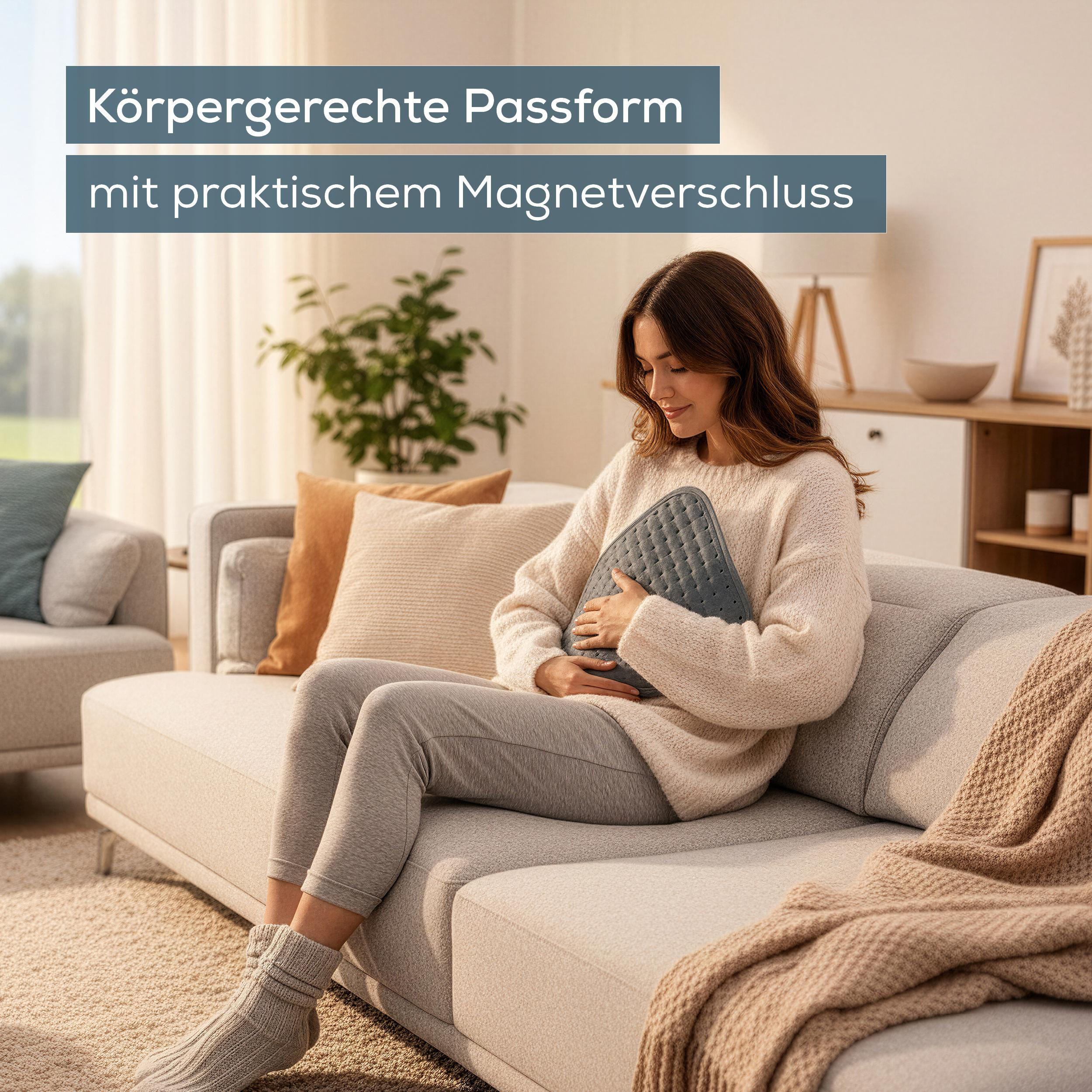 Eine Frau sitzt auf einem Sofa und hält eine graue Wärmflasche.