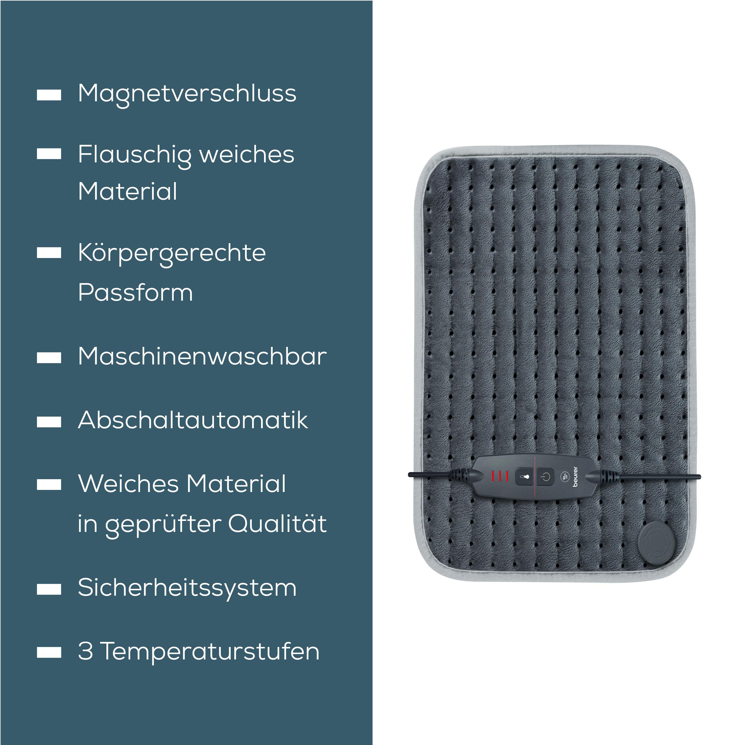 Graues Heizkissen mit Steuereinheit und Kabel. Weiches Material mit Lochmuster.