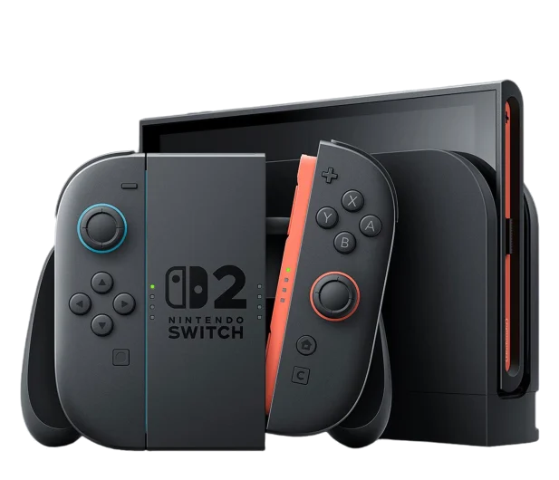 Konsola Nintendo Switch z dwoma odłączanymi, czerwonymi i szarymi kontrolerami Joy-Con w stacji dokującej.