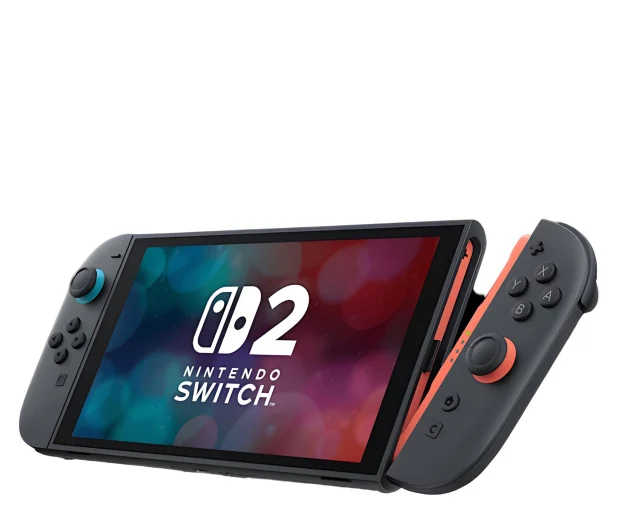 Konsola Nintendo Switch 2 z odłączonymi szarymi i koralowymi Joy-Conami na białym tle.
