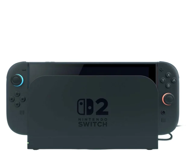 Ciemny kontroler Nintendo Switch w stacji dokującej z logo Nintendo.