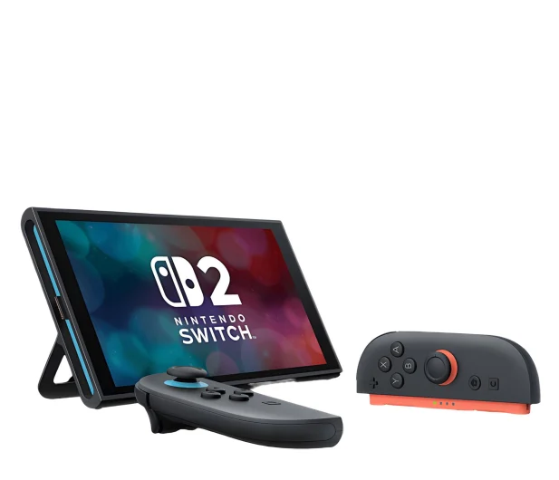 Nintendo Switch z kontrolerami Joy-Con i podstawką na białym tle.
