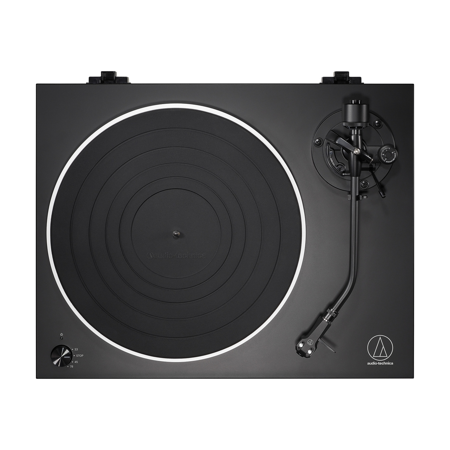 Giradischi nero con braccio e logo Audio-Technica.