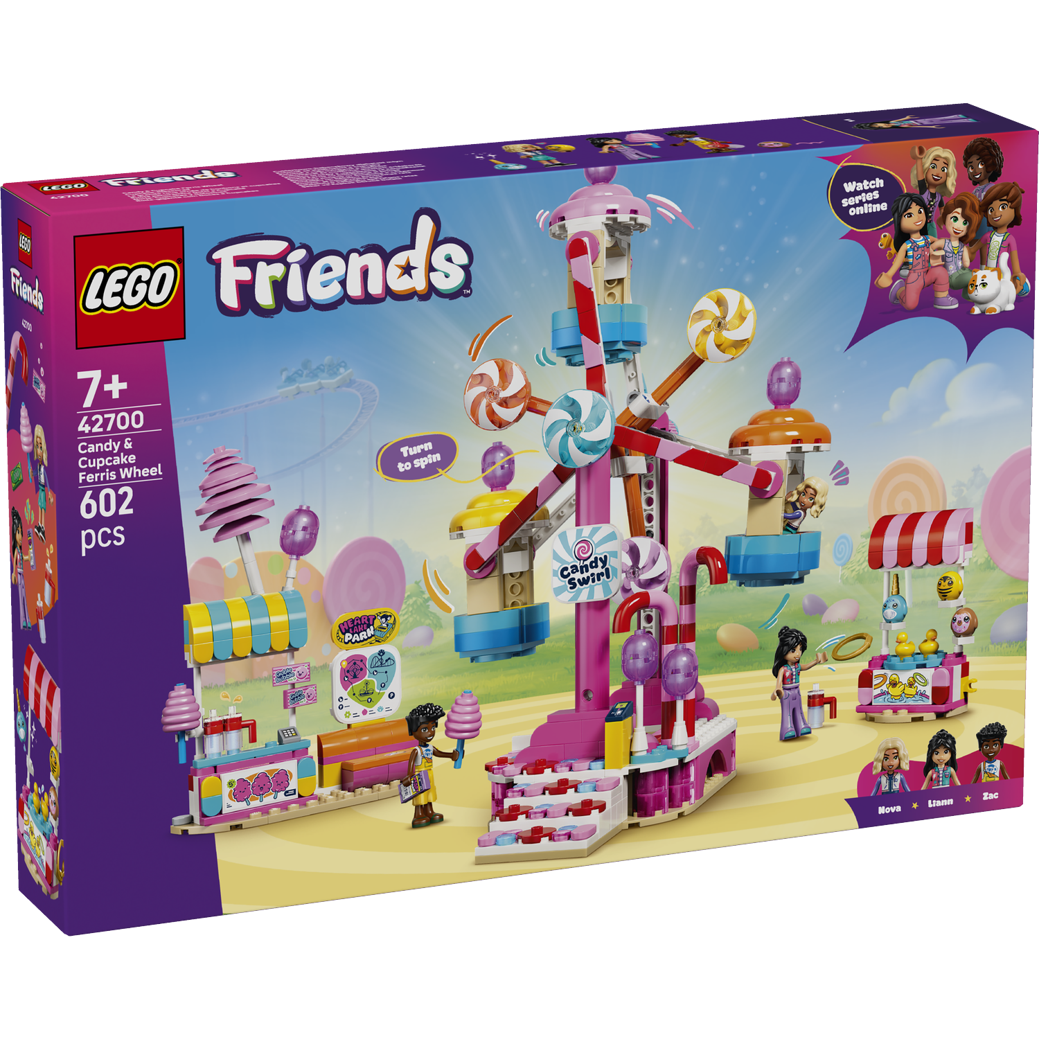 Lego Friends speelset met kleurrijk reuzenrad, snoepjes en kraampjes.