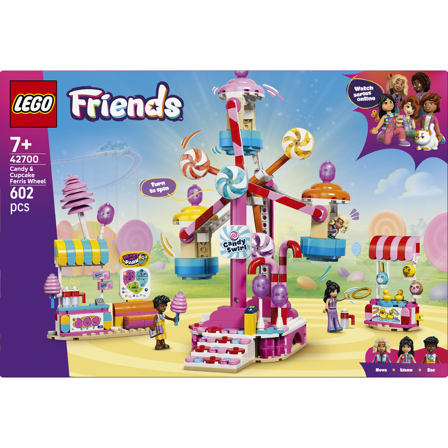 Lego Friends Candy & Cupcake Reuzenrad speelgoedset met figuren en snoepkraampjes.