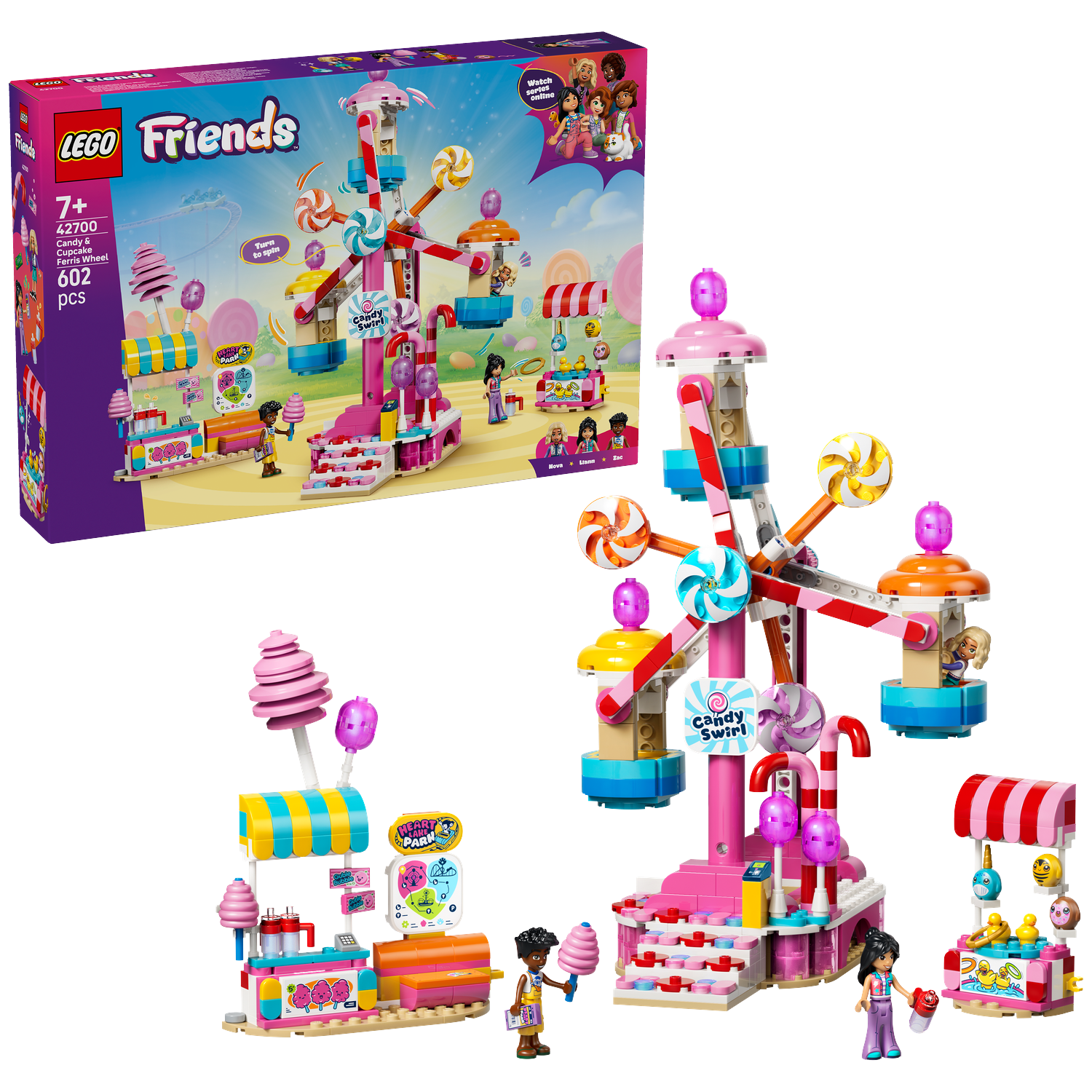 A colorful LEGO Friends Ferris wheel toy set with mini-dolls and candy stalls.
