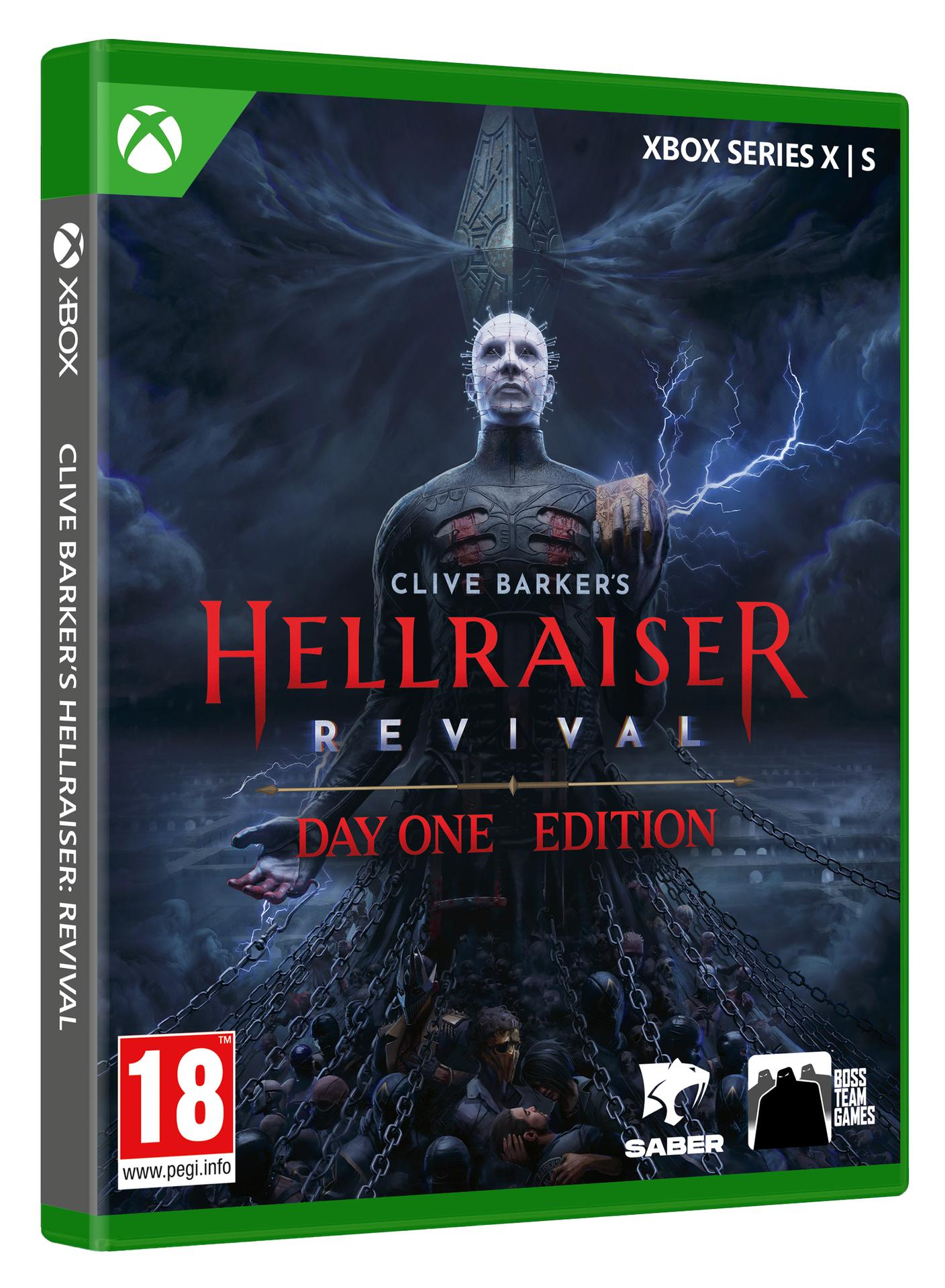Das Cover des Spiels Hellraiser Revival mit Pinhead in der Mitte, umgeben von Ketten und Lichtern.