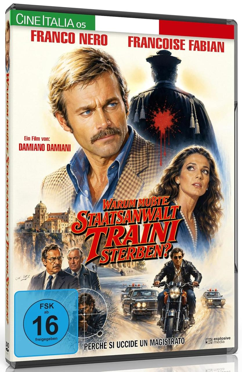 Filmplakat mit Franco Nero, Francoise Fabian, einem Mann auf einem Motorrad und Polizeiautos.