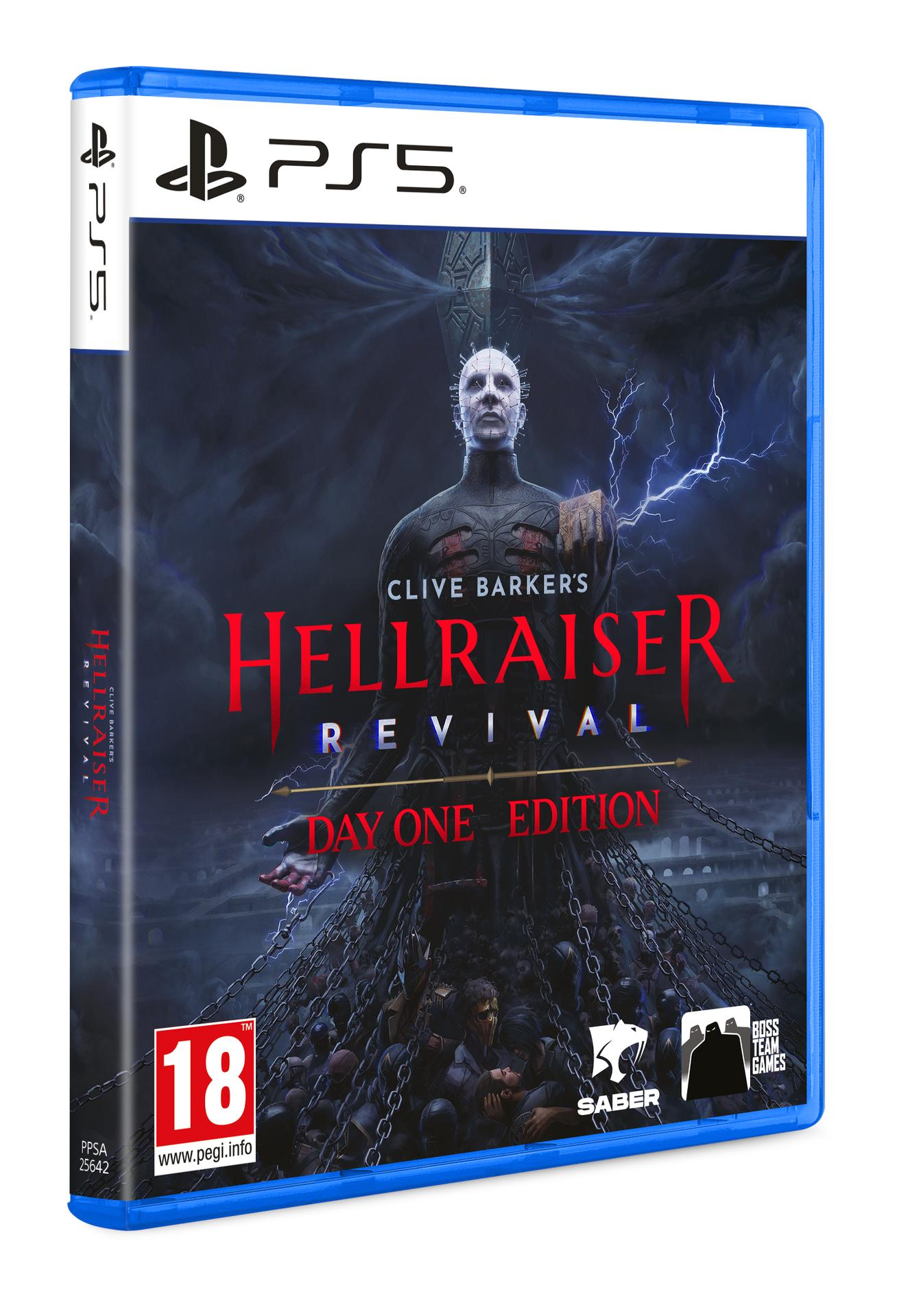 PS5-Spielcover: Pinhead hält eine Schachtel, umgeben von Ketten und Seelen.