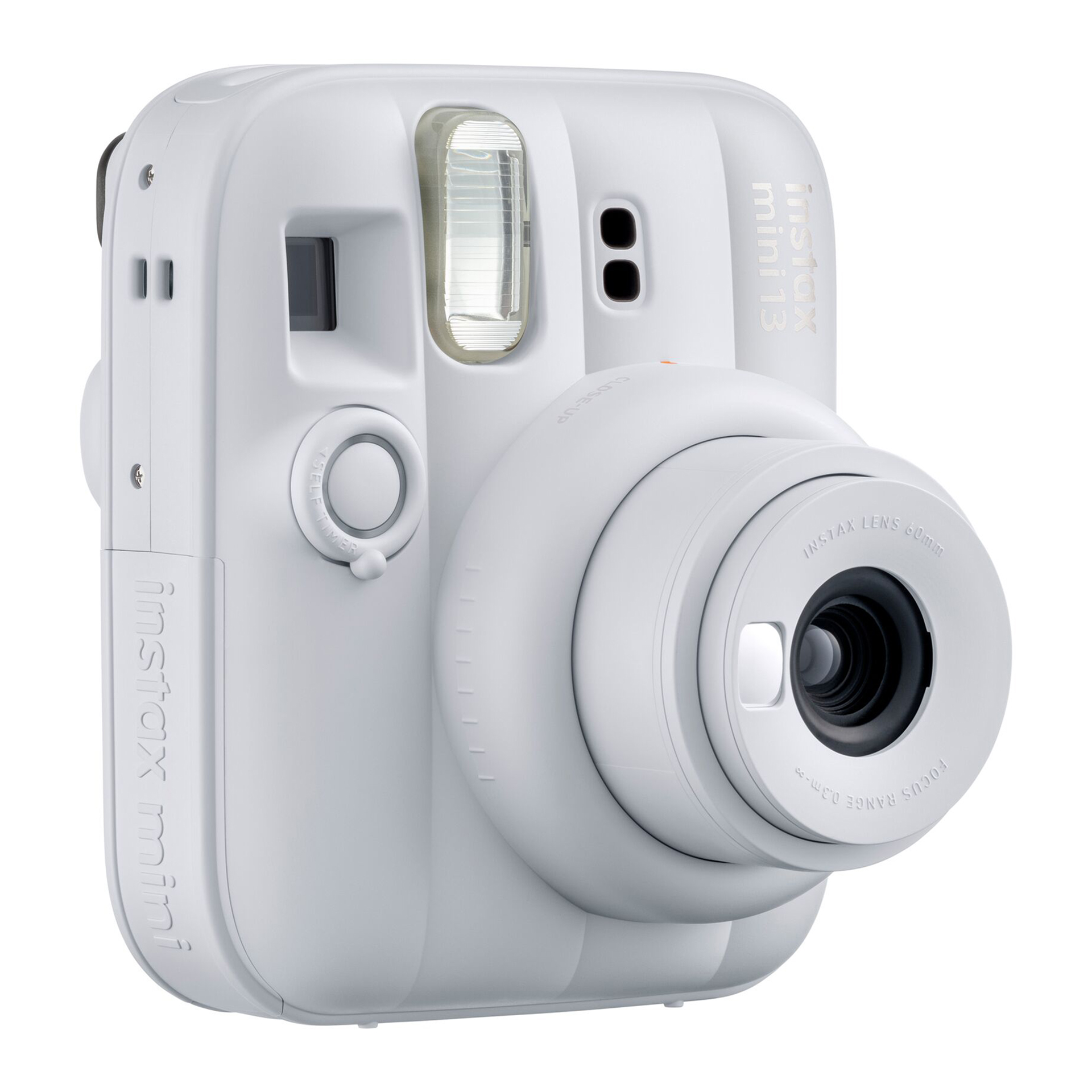 Lens ve flaşlı beyaz bir Instax Mini 13 anında fotoğraf makinesi.