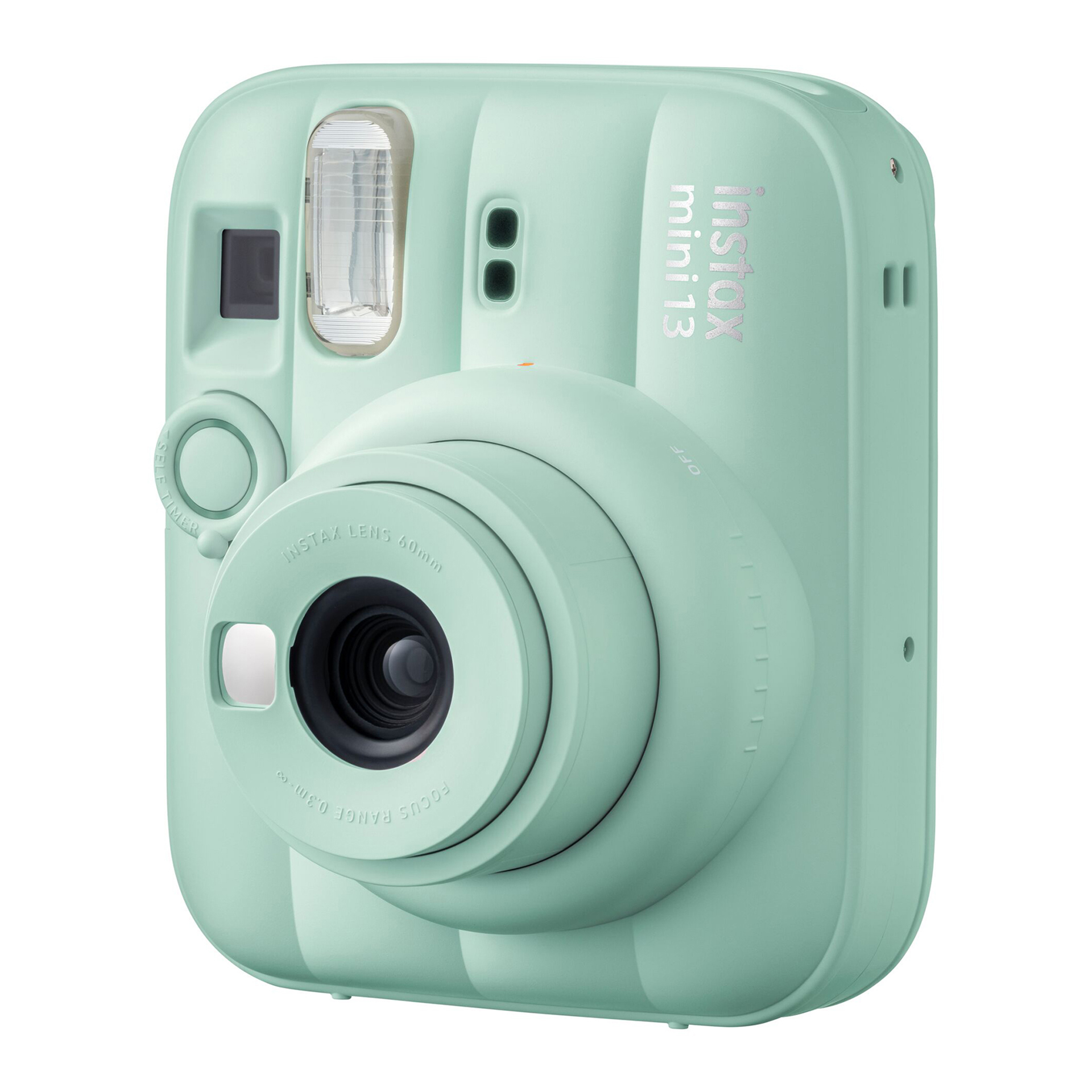 Nane yeşili Instax Mini 13 anında fotoğraf makinesi, lens ve flaşlı.