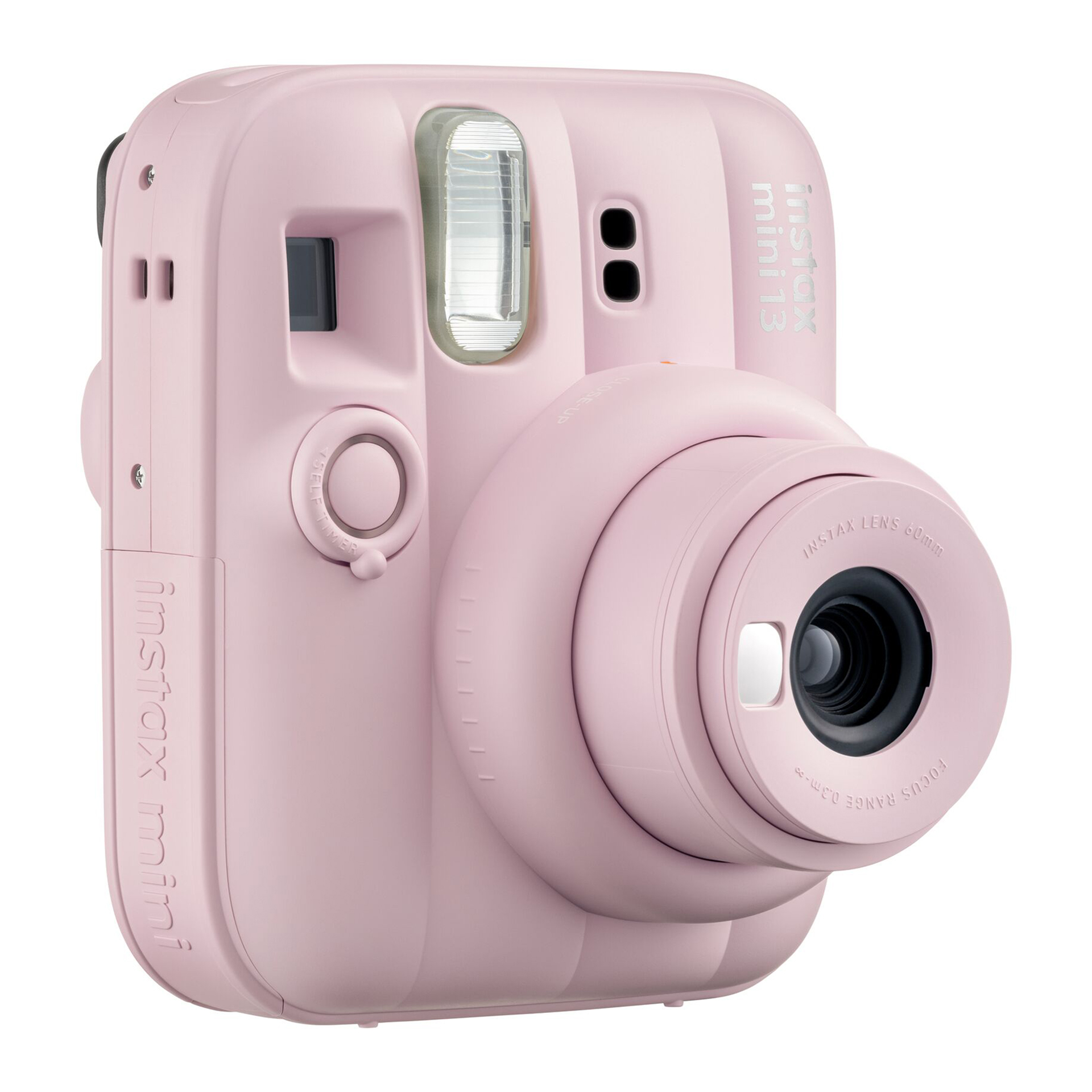 Pembe Instax Mini 13 anında fotoğraf makinesi, lens ve flaşlı.