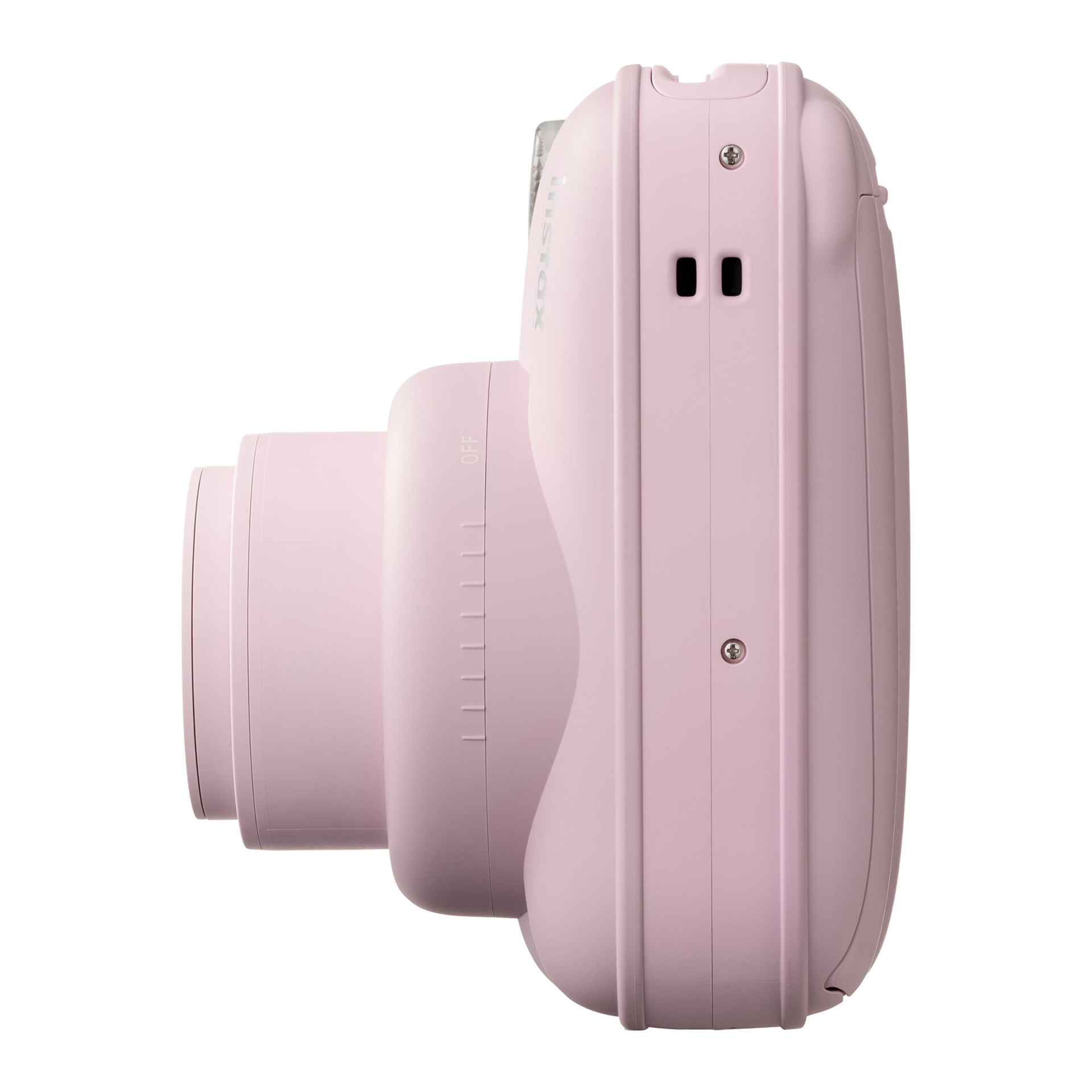 Pembe bir Instax kamera beyaz arka plana karşı yandan gösteriliyor.