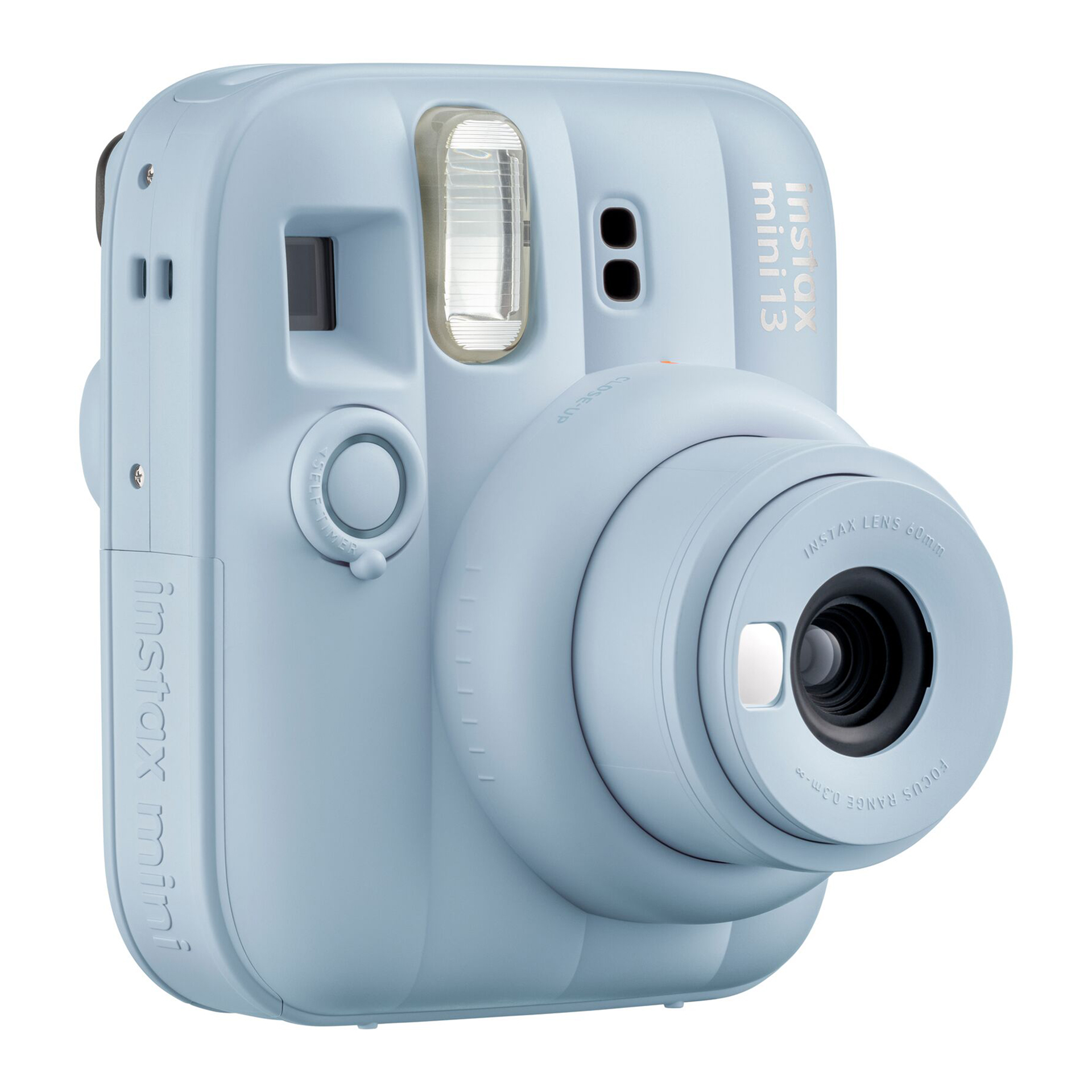 Lensli ve flaşlı açık mavi Instax Mini 13 anlık fotoğraf makinesi.