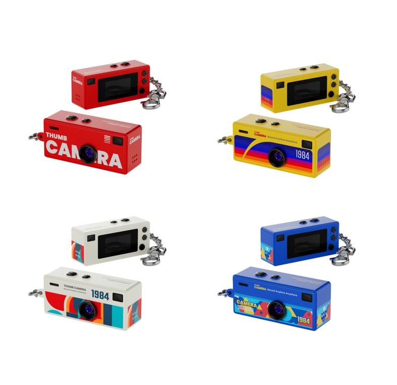 Altı mini kamera, kırmızı, sarı, beyaz ve mavi, anahtarlıklarla.