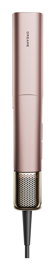 Un cepillo para el pelo rosa dorado con rejilla dorada en la punta y cable negro.