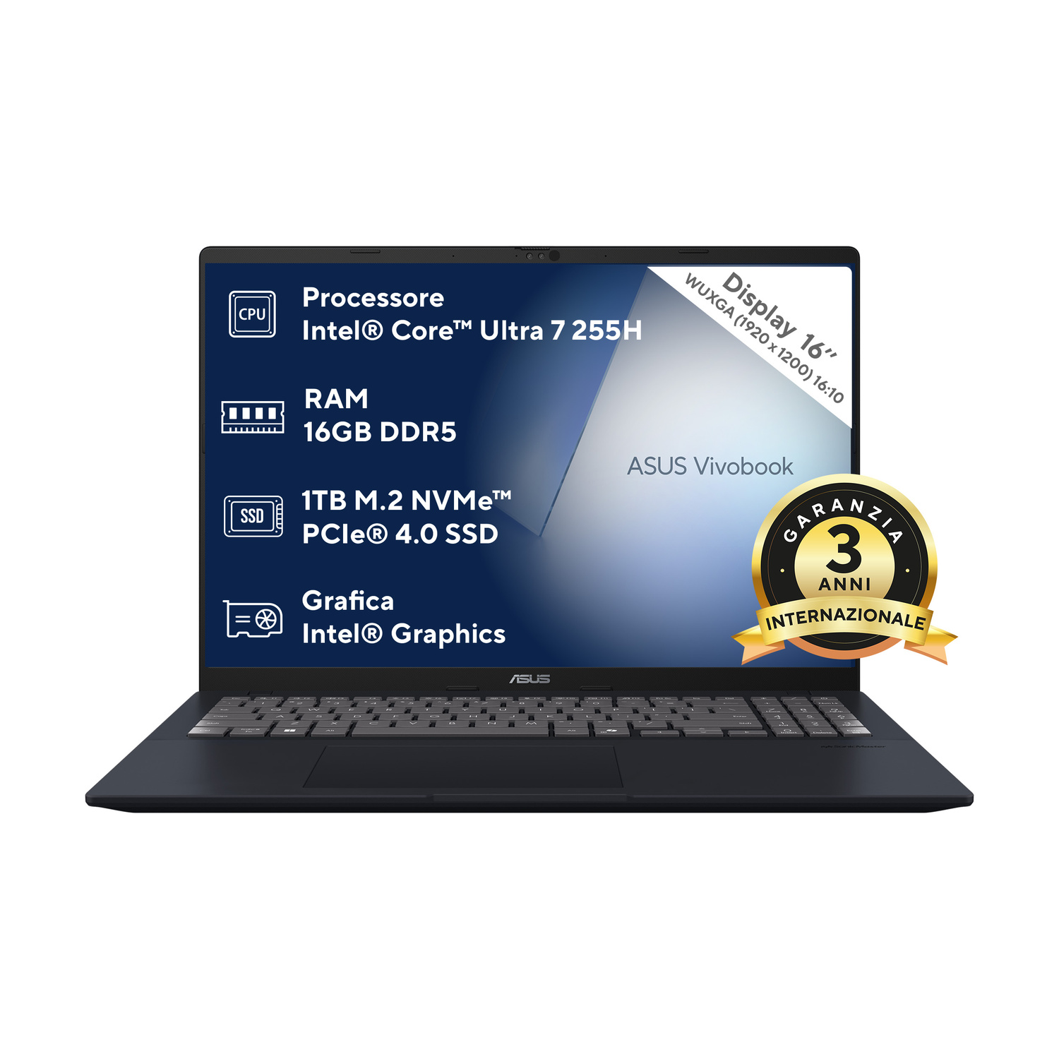 Un laptop ASUS Vivobook scuro con Intel Core Ultra 7, 16GB RAM, SSD 1TB e display da 16 pollici.