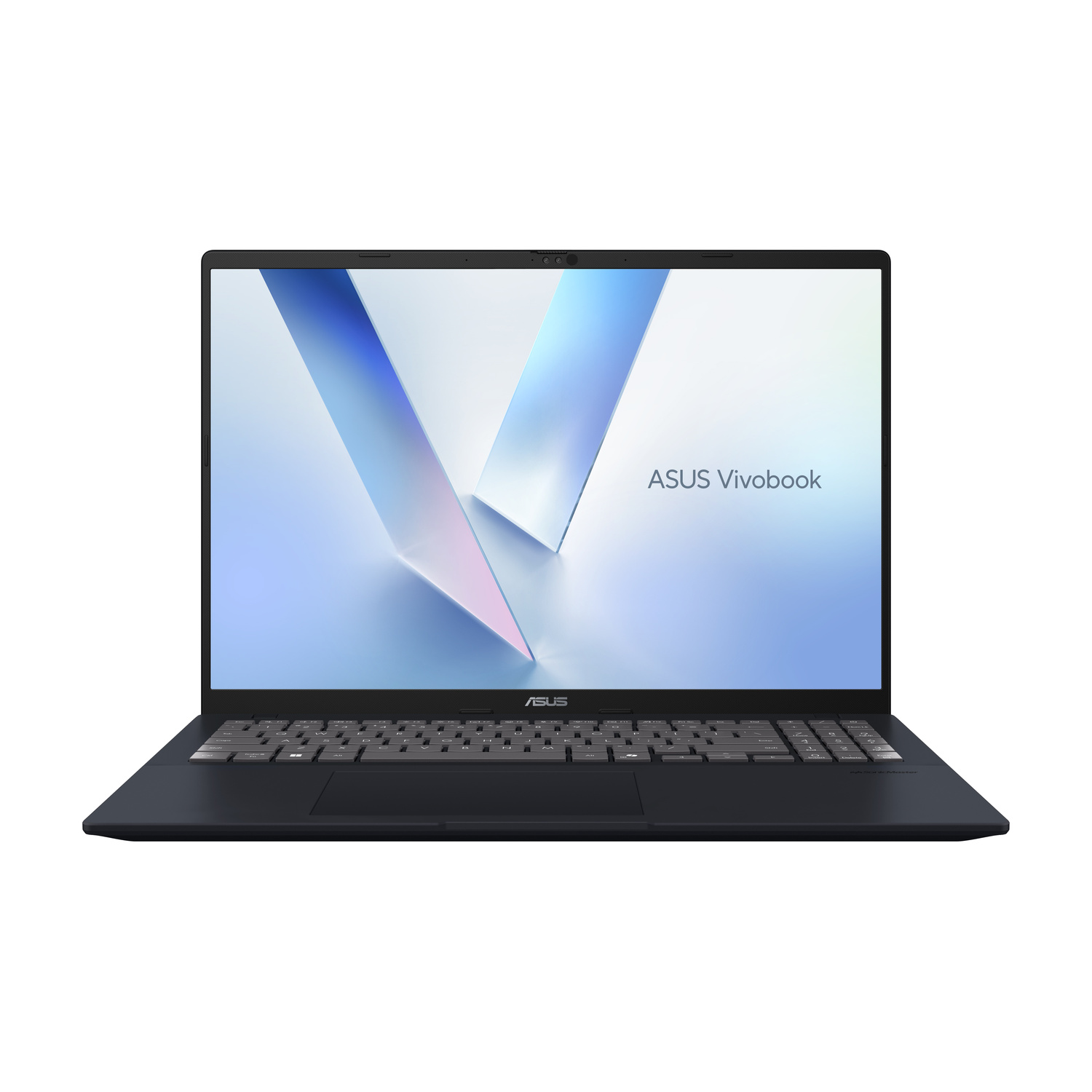 Un laptop ASUS Vivobook aperto e scuro mostra tastiera e schermo.
