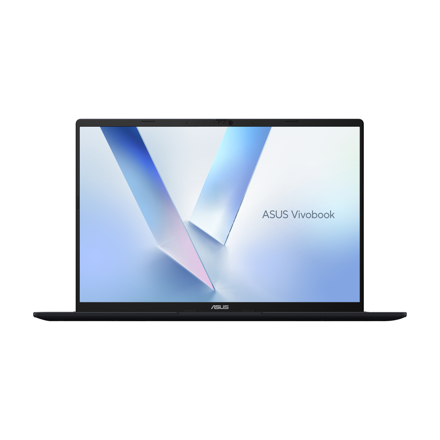 Un laptop ASUS Vivobook nero con grafica blu e bianca sullo schermo.