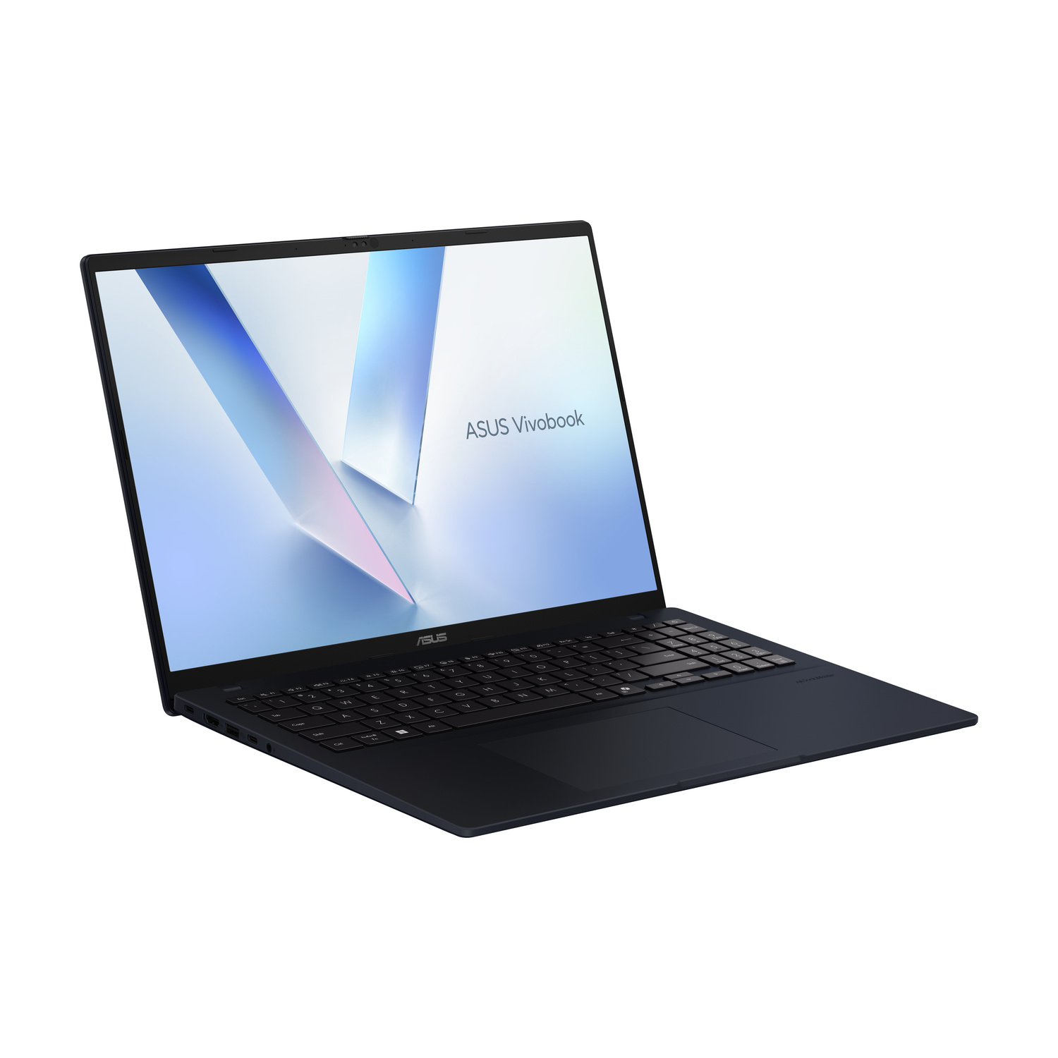 Un laptop ASUS Vivobook blu scuro con schermo luminoso che mostra forme astratte.