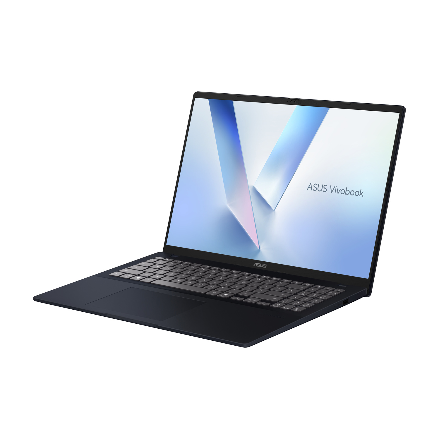Laptop ASUS Vivobook blu scuro con tastiera e touchpad, su sfondo bianco.